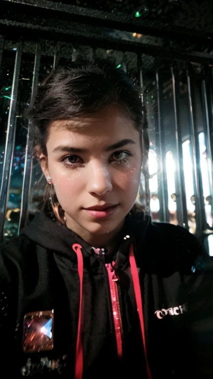 1 young woman, flawless skin, wearing comfy hoodie, kneeling, close shot, (white milk dripping from forehead), loads, kissing lips, full shot from higher angle, frontal shot