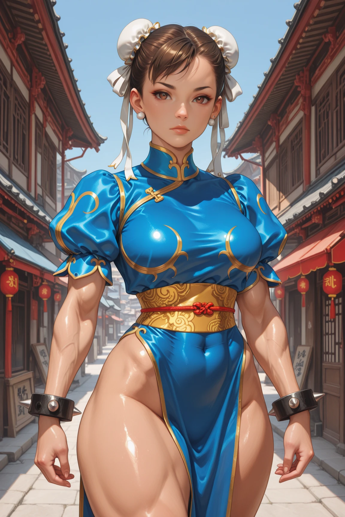 masterpiece,Highest quality, Unreal Engine, Super Resolution, Very detailed,
1 Girl, Waist, thin, (Muscular:0.8)
Round Breasts, Big Breasts, bold, Lips parted, Observe the audience,
Are standing, sexy pose
Waist shot,
Simple background anime style, Key Visual,
Hair Bun, Blue Chinese clothing, Chunli, Street Fighter,Sticky with sweat,Clothes are also wet,