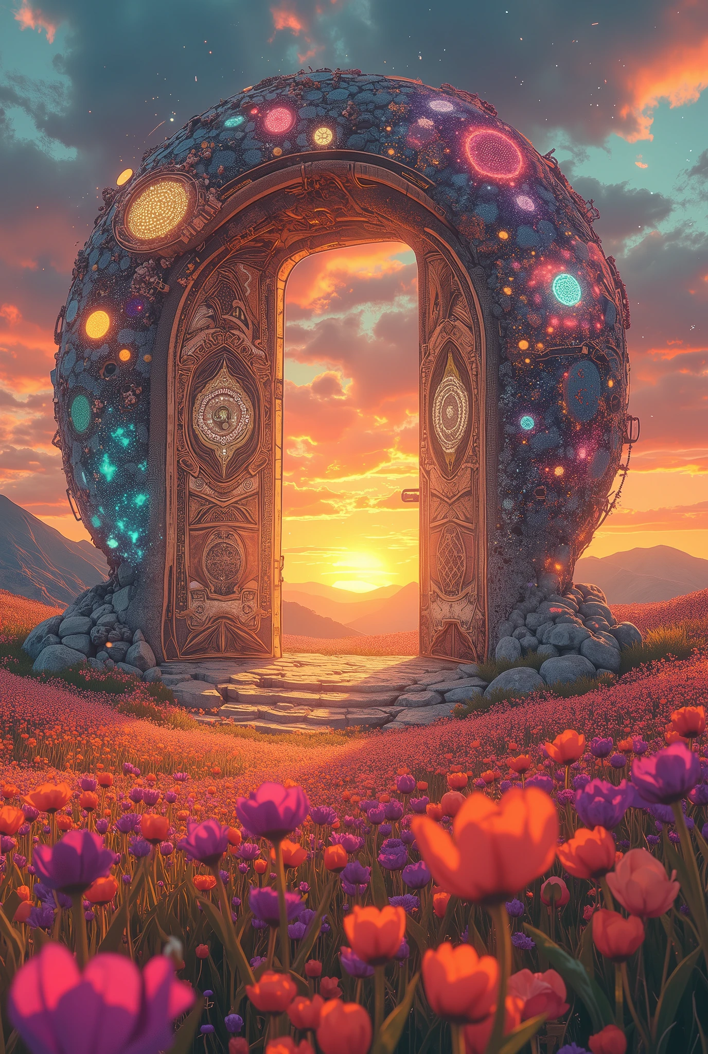 doorway to a field of flowers with a sunset in the background, doors that are cosmic portals, surrealism aesthetic, realism | beeple, beeple daily art, recusion beeple, portal to another world, portal to another universe, colorful flat surreal ethereal, beeple masterpiece, beeple colors, artem demura beeple