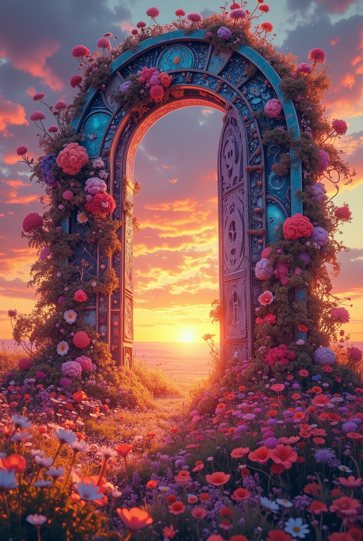 doorway to a field of flowers with a sunset in the background, doors that are cosmic portals, surrealism aesthetic, realism | beeple, beeple daily art, recusion beeple, portal to another world, portal to another universe, colorful flat surreal ethereal, beeple masterpiece, beeple colors, artem demura beeple
