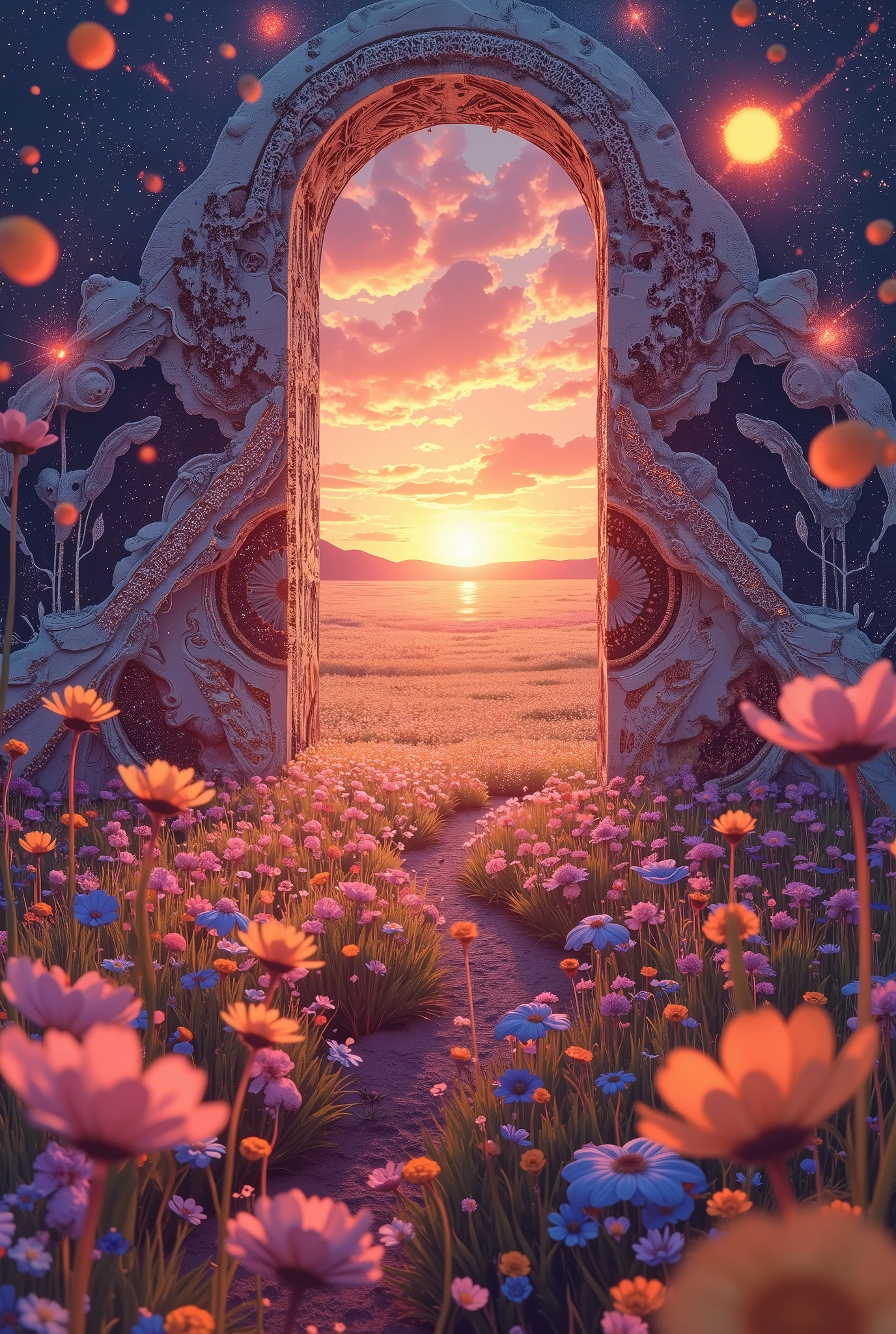 doorway to a field of flowers with a sunset in the background, doors that are cosmic portals, surrealism aesthetic, realism | beeple, beeple daily art, recusion beeple, portal to another world, portal to another universe, colorful flat surreal ethereal, beeple masterpiece, beeple colors, artem demura beeple