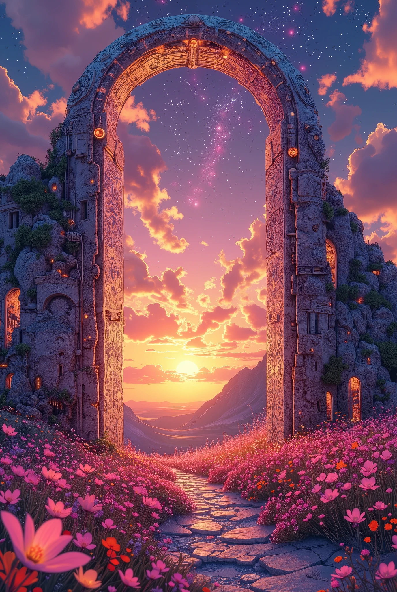 doorway to a field of flowers with a sunset in the background, doors that are cosmic portals, surrealism aesthetic, realism | beeple, beeple daily art, recusion beeple, portal to another world, portal to another universe, colorful flat surreal ethereal, beeple masterpiece, beeple colors, artem demura beeple