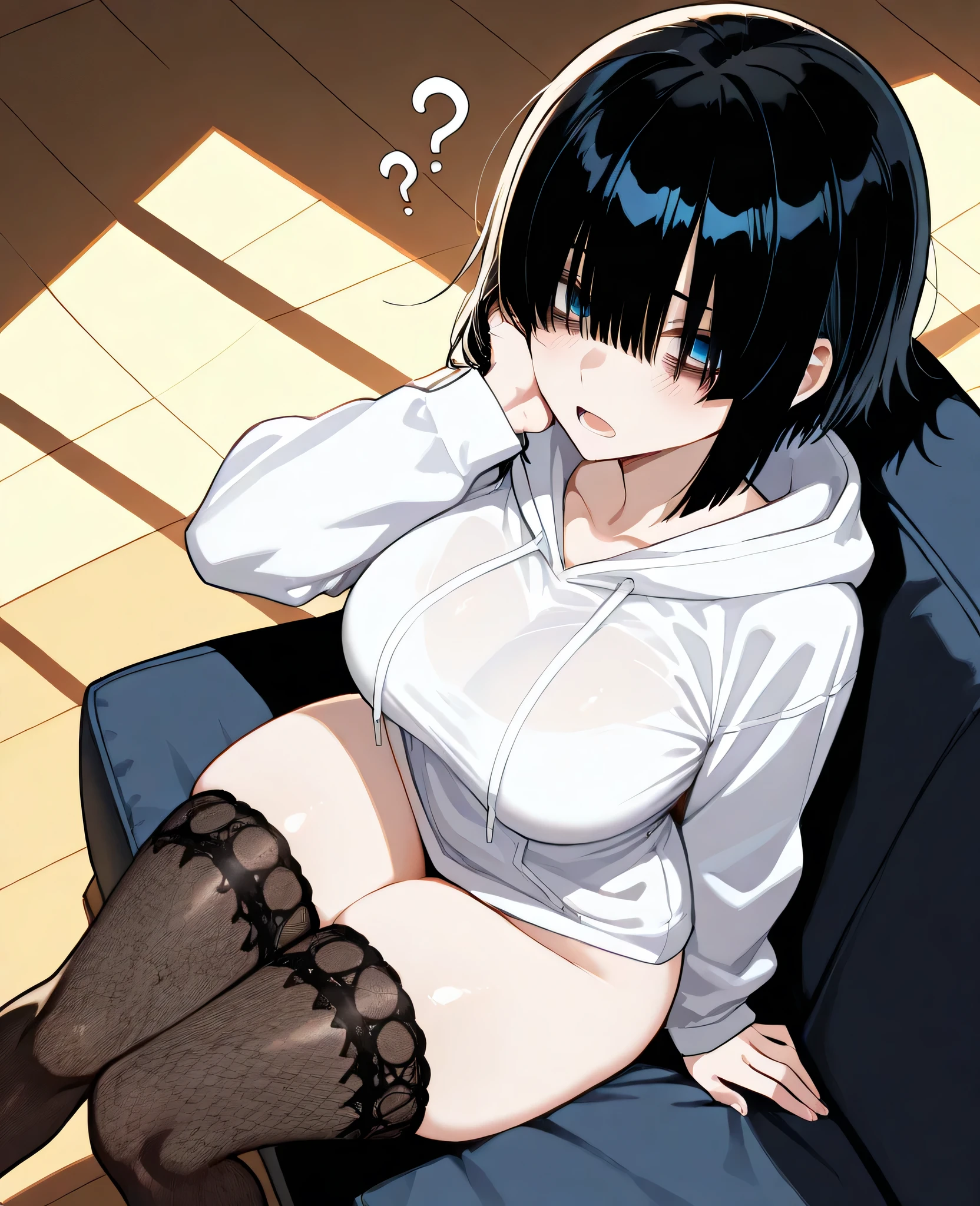 Girl, black hair, beautiful, short hair, hime cut, hair over eyes, tall height, curvy thighs, blue eyes, bags under eyes, thick hips, thin waists, curvy ass, XXL breasts, skinny, detailed eyes, detailed face, detailed body, adult, detailed living room, detailed eyes, make up, white oversized hoodie, black patterned stockings, detailed image, innocent, solo, evening, sleepy, sitting on couch, hands lie limply on couch, apathy, depressed, empty gaze, knees together feet's apart, from above, looking at viewer, surprised confusion, light blush, eyes open wide, POV male hand on cheek, eyes open wide, eyes visible 