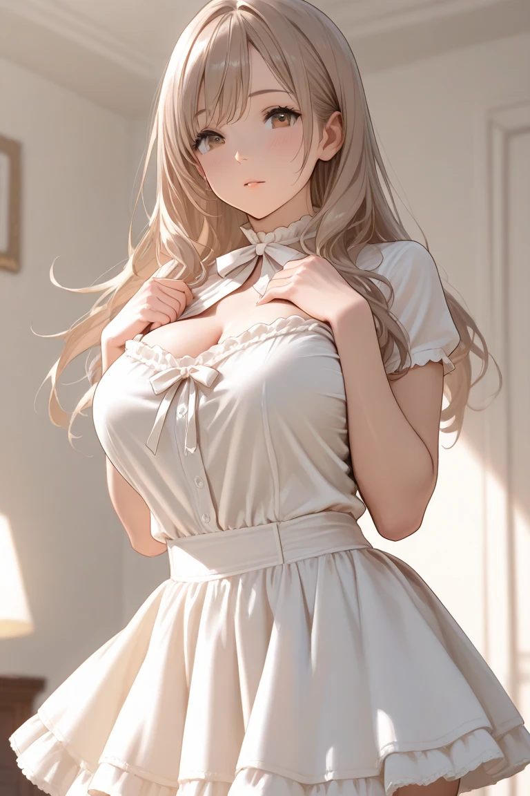 Super detailed, High resolution, realistic, Raw photo, ((real person)), fine skin, (delicate, light brown eyes ), Deutsch adult beautiful anime girl with slanted eyes, big tits, calm and calm, bright look、long hair, slender, white shirt, The wind is blowing, we say、photorealistic, masterpiece, highest quality, High resolution, look at me from above,