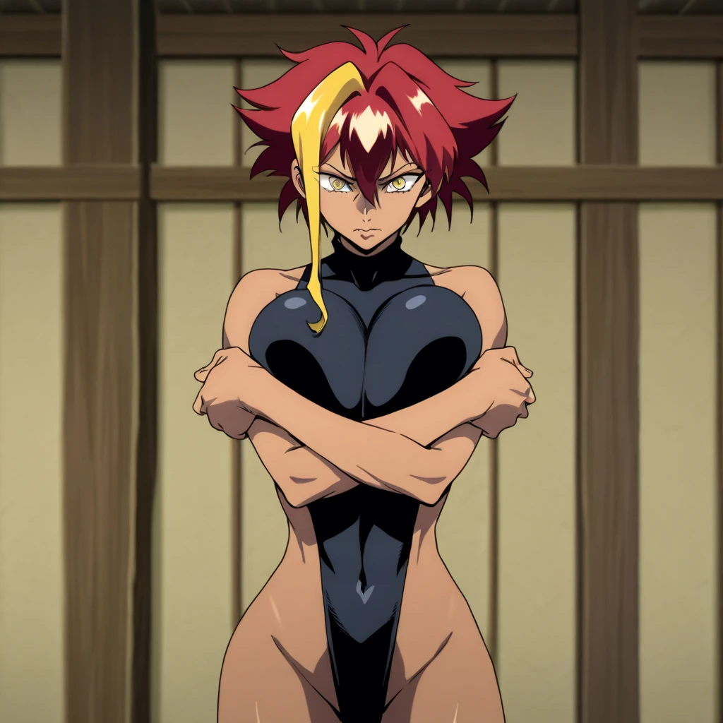 Baiken has long pink hair, (red eyes :1.2) which in her first appearance looked reddish-orange, worn in a ponytail, as well as peach eyes. A red tattoo adorns her right eye and forehead, while her permanently-closed left one has a scar over it; in Xrd, she wears a goggle-like eye patch with a tsuba in it, in strive the tsuba was removed . She has a clawed grappling hook in place of her missing right arm alongside other weapons such as a slashing fan, cannon, shotgun, etc. Across her appearances, she wears a revealing red, black and white kimono with a torn right sleeve, as well as black greaves and sandals. In Xrd, Baiken also has a black gakuran with a white skull on its right sleeve, which she wears over her shoulders like a cape. Her sandal footwear resembles boots, and uses a sarashi to cover her groin area. Baiken's hair has become fuller with two tufts pointing upward like cat ears. The sheath of her katana was originally black, but is now red. In her -Strive-, Baiken's hair is noticably more wilder, longer and reddish in appearance. Additionally, the rope around her waist is now pink, as opposed to its previous red color from Xrd , (extremely detailed 8k wallpaper CG unit: 1.1), (masterpiece :1.2) (big boobs , heavy boobs :1.3) , (sitting inside a hot spring resting her arms on the edge of the Thermae japanese :1.2) (sitting in the thermal water) , ( night light ) , (exposed belly , abs muscle ripped : 1.3)