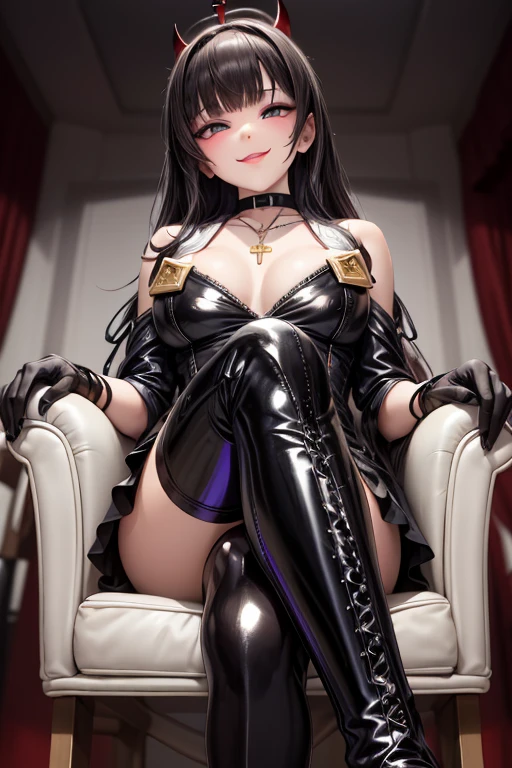 (high res, uhd, high definition, sharp, clear, 4k, 8k, high quality, ultra realistic textures) beauty, cute, mean facial expression, anime, seductive, dominatrix, femdom, mistress, smooth skin, extremely shinny, glossy, polished, gleaming, leather, latex, anime, female, full body latex jumpsuit, black dominatrix officer hat, black military officer uniform, gloves, dominatrix high heel boots, bondage body harness, corset, red shinny latex hair, black eyes. location: siting on shinny latex queen throne in a royal palace. Camera angle: camera looking up from boots, female looking down. dominant confident pose