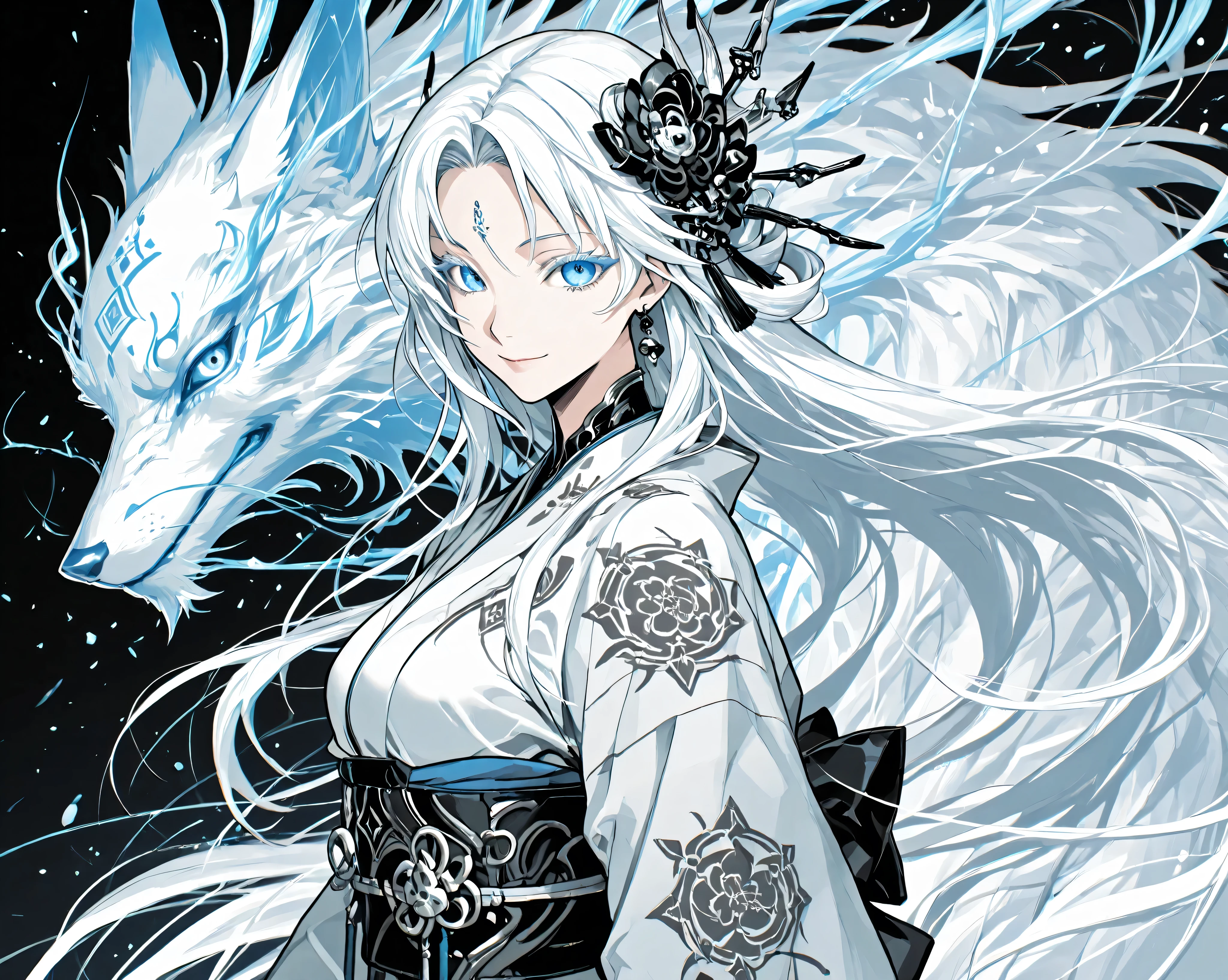 1girl, stylish yukata, long white hair,Colored eyelashes, bright blue eyes, breast, upper body,side view, dynamic angle, goddess fox, jewelry,hair ornament, mythical fox, nine tailed fox,orbs,Blue color gradation,score_9,score_8,score_7_up,source_anime, manga style art, monochrome, Grayscale,HD, masterpiece, 8k wallpaper, Highly detailed, detailed face and eyes, perfect body, looking at viewer, smile, beautiful women, beast,