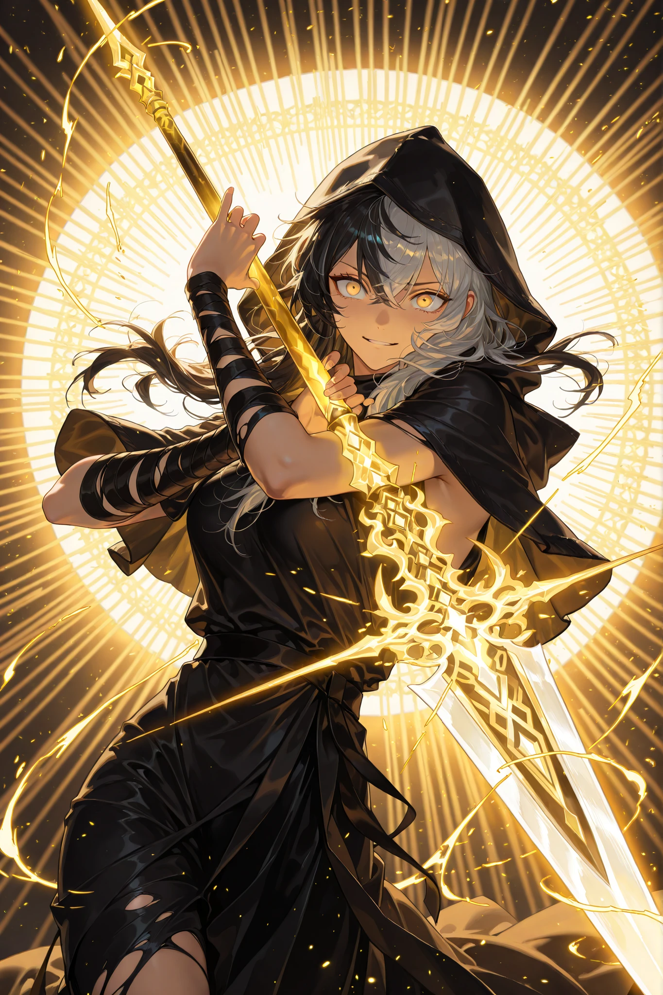 style of [arknights|(748cmstyle:0.88)], god rays, vivid colours, light stream, colour splotches, cinematic shot, mature, young adult, masterpiece, best quality, amazing quality, very aesthetic, high resolution, ultra-detailed, absurdres, (hands:-0.15),
(1girl, young adult, female:0.95), solo, alone,(dynamic pose, upper body focus, dutch angle, action shot, three quarter view, close up, cowboy shot:1.2), long hair, multicolored hair, white hair, black hair, arnoured arm, magic spear, dragon spear, cosmic spear, constricted pupils, crazy expression, crazy laugh, torn toga, loose toga, capelet, hood, cloaked, novuschroma79 style, glitch art photo
BREAK, depth of field, volumetric lighting
 