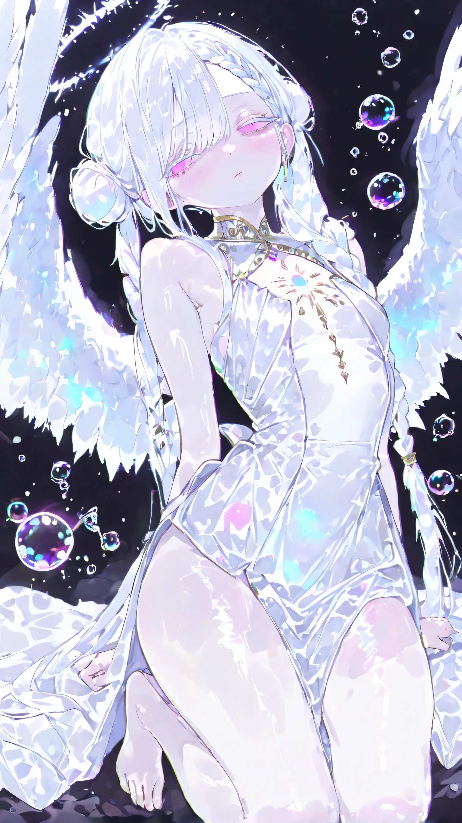 ( masterpiece, best quality:1.3), amazing quality, is very beautiful, abstruse, high resolution, newest, HDR, 8,000, movie lighting, realistic, close up, 1 Girl, Pinkish white halo, angel wings, feather, Gojo Satoru, Curse Return, Colored eyelashes, pink eyes, White hair, Very Detailed Face, Braided Bangs, Braided Bun, double layer bread, (White hair), , White hair, very long low double ponytail,twist braid,Hair on the right eye , expressionless eyes, big , (Petite but curvy), Very cute, beautiful, shy, (pale:0.91), Alternate clothing, Jewelry, white goddess dress, barefoot, alone, Slightly Flattened Lips, (((Bubbles))), glowing Bubbles, Chromatic Aberration, Very cute, Vivid Colors, pastel color palette , black background