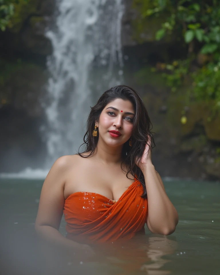Indian cute girl 30 years old marriage life like, high - resolution single women with a perfect figure Super fine face and eyes, slong hair, small Tank top orange Colour bikini, Wearing a traditional saree, bulky figure, huge big extra large and full chubby body, looking front, fair complexion, pond backgrounds. Hung breast, Plus size model, 4k, 8k,