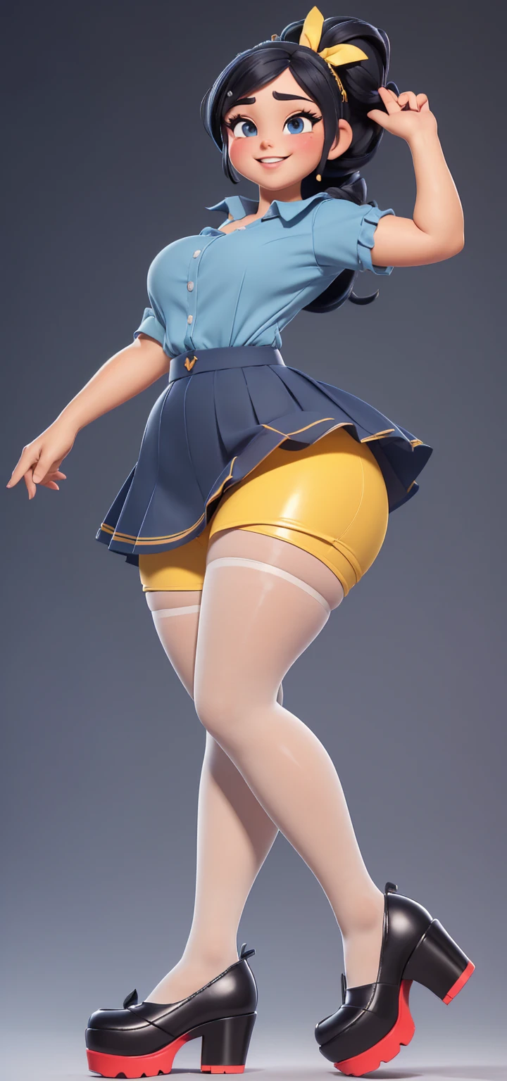 Rosa, Rosa, Brown Hair, Double Bang, doughnut Hair Bun, Hair Bun, blue eyes, Hair between the eyes, Twin tails, Large Breasts, Open your mouth, break pantyhose, (Pantyhose under shorts), Raglan sleeves, skirt, (yellow skirt), White shirt, Blue Sleeve, Long sleeve, Visor Cap, break looking at viewer, Upper Body, whole body, break outdoors, break (masterpiece:1.2), Highest quality, High resolution, unity 8k wallpaper, (shape:0.8), (Beautiful attention to detail:1.6), Highly detailed face, Perfect lighting, Highly detailed CG, (Perfect hands, Perfect Anatomy),Pussy Line,(From below),((Grin))、vapor、((1 person))、(((Vein Penis)))、(( Standing footjob)) 、Bedroom Background、