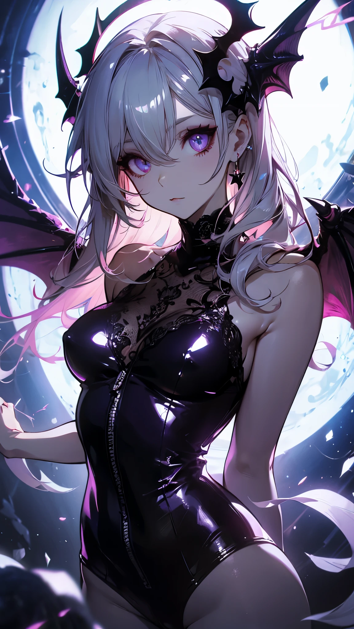 gorgeous, masterpiece, best quality, landscape, highres,4k, wallpaper, trace lights,, intricate, detailed, BREAK sky, night, constellations, stardust, cosmos, rpg, lord of the rings, cozy peace,peaceful, stunning view, Masterpiece, Best Quality, High Quality,(gold and red eyes and surrounded by gold light), (gold dragon eye pupil), (Darkness:1.2), Abstraction, Award-winning photography, Depth of field, HDR, Very detailed, Trending in art stations, Trending in CG society, Complex, High detail,(Masterpiece:1.2, Best Quality), (Best Lighting, Very Delicate and Beautiful), (Best Lighting, Very Delicate and Beautiful), (Beautiful Detailed Face), (Detailed Eyes and Detailed Face:1.2), Dark Fantasy, (Young Girl, Little Beast, 1girl, Solo,Angry face, Pale Skin,19 Piercings,((no tattoos)) gray hair, glowing red eyes, dynamic Angle, Vampire), (Chains in Background,Get Magic Circle,Get Demon Summoned), (Demon from Magic Circle)Magic Thunder, pointy_ears, Fangs,Demon Wings,Demon Horns,Blood Rain from mouth,Blood Mist,(Depth of Field),High Contrast,(Splash of Blood:1.2),Cowboy Shot,Full Body,Scream,Sacrifice,Epic Stage, showing thighs, no stocking