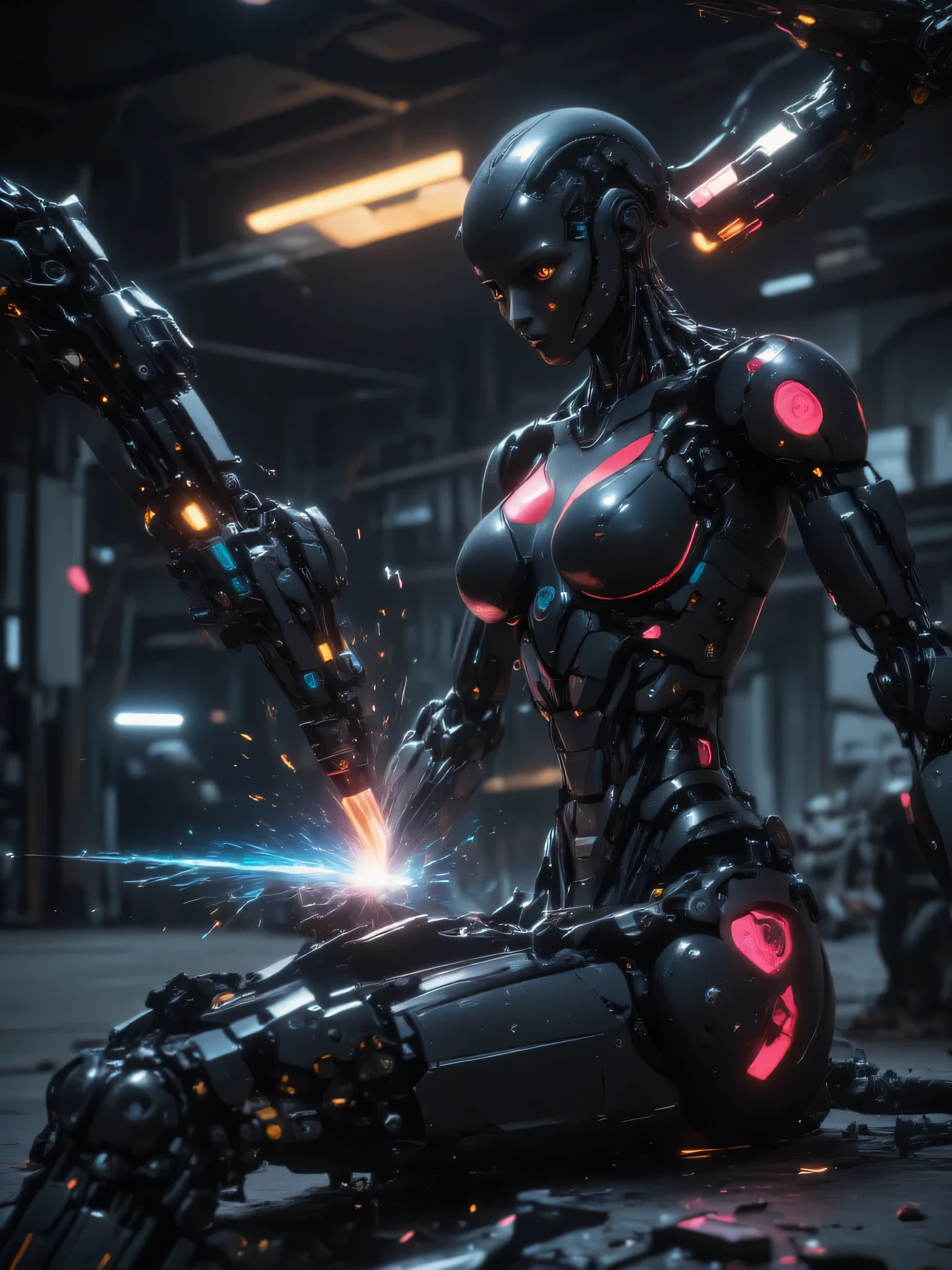 Award-Winning Wallpaper, artistic photography, dramatic angle. In a dark, futuristic factory, robotic arms expertly weld the frame of a female crash test dummy. She is mostly matte black, with red panels and markings. Sparks fly as the automated robots perform their precise tasks, highlighting the advanced automation technology at play. The setting is indoors within a dark industrial facility, characterized by its metallic and utilitarian design. The lighting is dark, illuminating the intricate machinery and fostering an atmosphere of covert operations and sophistication of manufacturing.