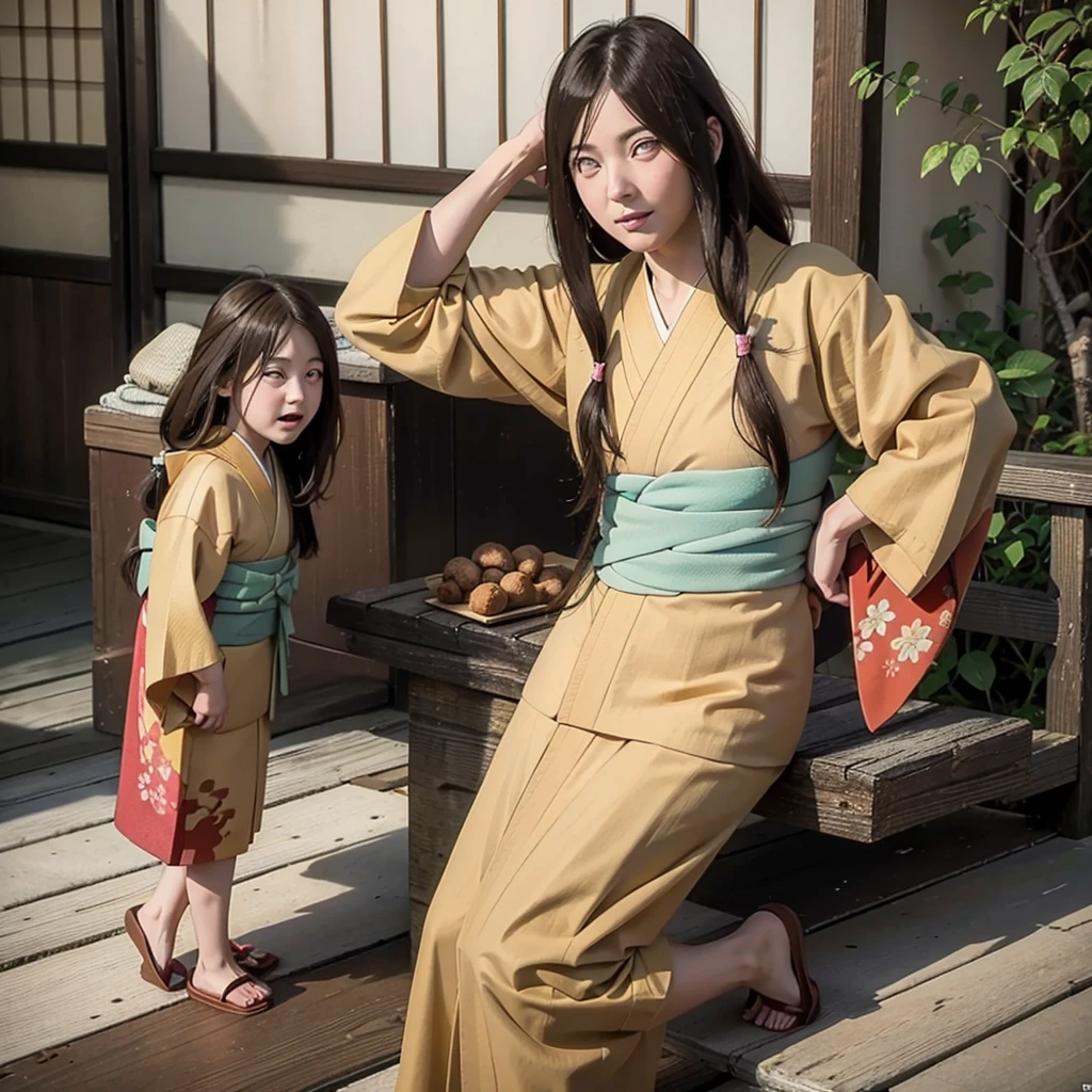 A small girl with green skin, with an orange and white kimono, cabelo curto marrom, deep black eyes, a calm, carefree expression, carrying a Katana on his back.