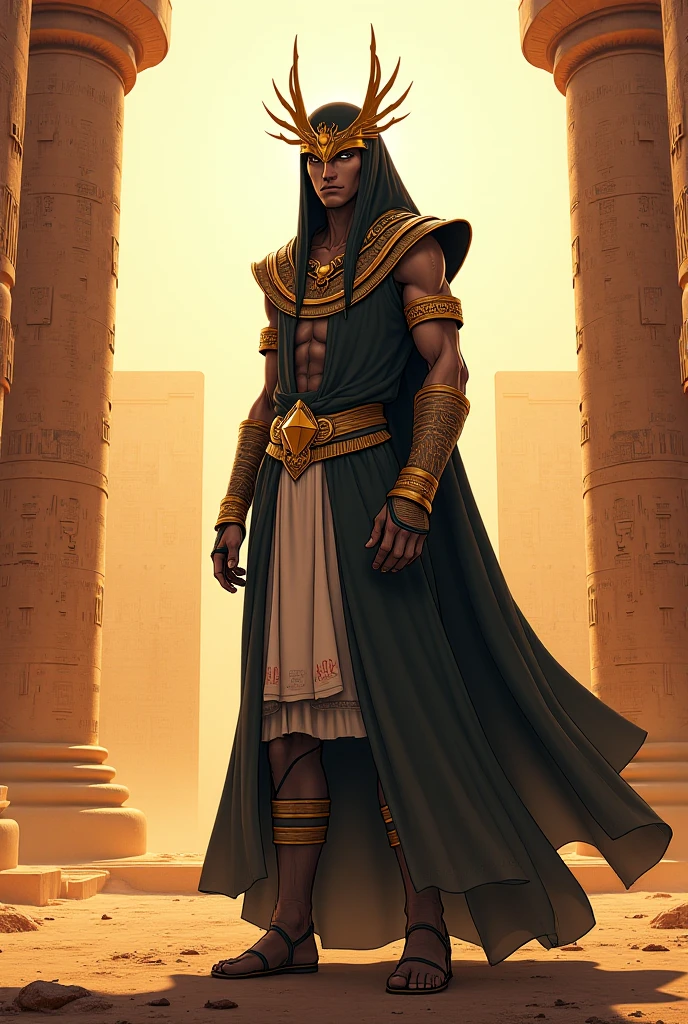 A 15-year-old boy elf walks through the ancient Egyptian palace with a smile. Black hair, brown skin, pointy ears, green eyes, elegant black clothes, golden bare chest, and red gold jewelry.