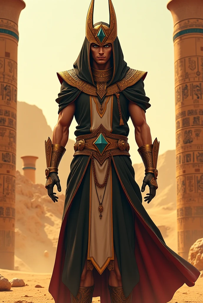 Create an image of a world destroyed by magic, a mix of d&with more max. Place cities in the desert, bright points of magic and in the sky a dark figure in front of the sun, with open arms in Christian strength 