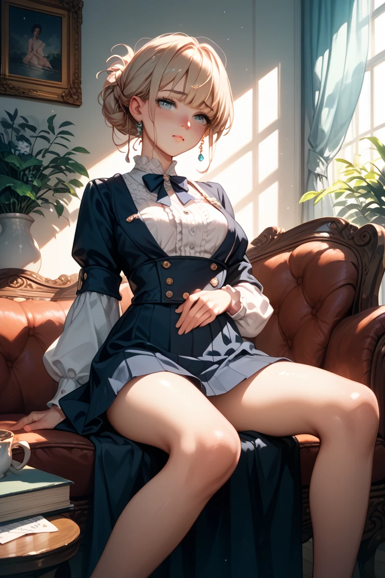 (The highest image quality, master piece:1.2), (Ultra Definition Illustration), (very cute little princess:1.3　15yo), (1 girl:1.2), Solo ,(condescending look:1.3), (sleeveless, showing armpits), (gorgeous queen dress:1.3), Full body, Round baby face, (wearing Glasses), )Blonde Short-Cut Hair:1.2), (white thigh high pantyhose:1.2), (Evil smile), (mean face), (Mesugaki smile),  Luxurious palace rooms, Fancy Room, RPG Royale, Beautiful legs, lying,