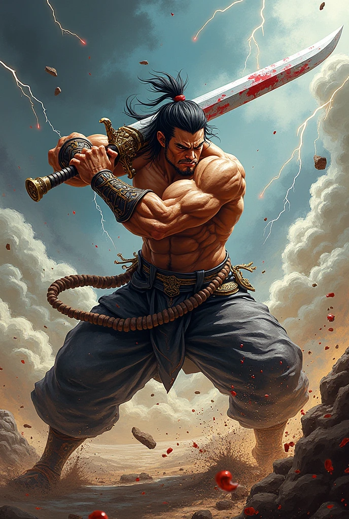 A 2 meter samurai, short, spiky, white hair, don't have a beard or facial hair, muscular body and scarred face, a 100kg black sword and an anime style smile