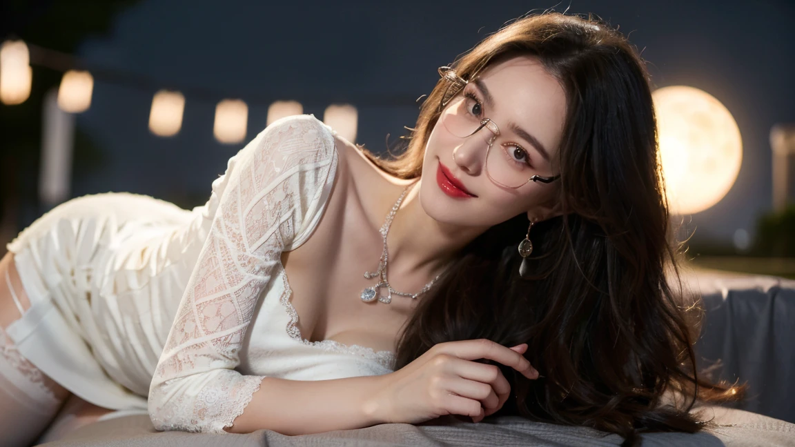 A woman sits in an orange chair, smiling broadly at the camera. She has dark hair and glasses, and is wearing a red blouse with lace details. The background features a patterned wall and what appears to be a staircase leading upwards. She is about 36 years old, 1.62 tall, 60 kg, best quality, perfect face, perfect mouth, perfect hands, is standing, (full body) well defined, her slightly plump and red lips look like a delicate flower. Slim body, slim waist. Her body exudes glamor and her face is the definition of beauty. Highly realistic, reddish skin, feeling of lightness and joy, hyper-realism, very elaborate skin. Sharp photo, high quality, high resolution (ultra quality masterpiece), Ultra HD, high contrast, 16K. Masterpiece: 1.3, high resolution, (photographically realistic), 8k, NUDE, NUDITY, NFSW.