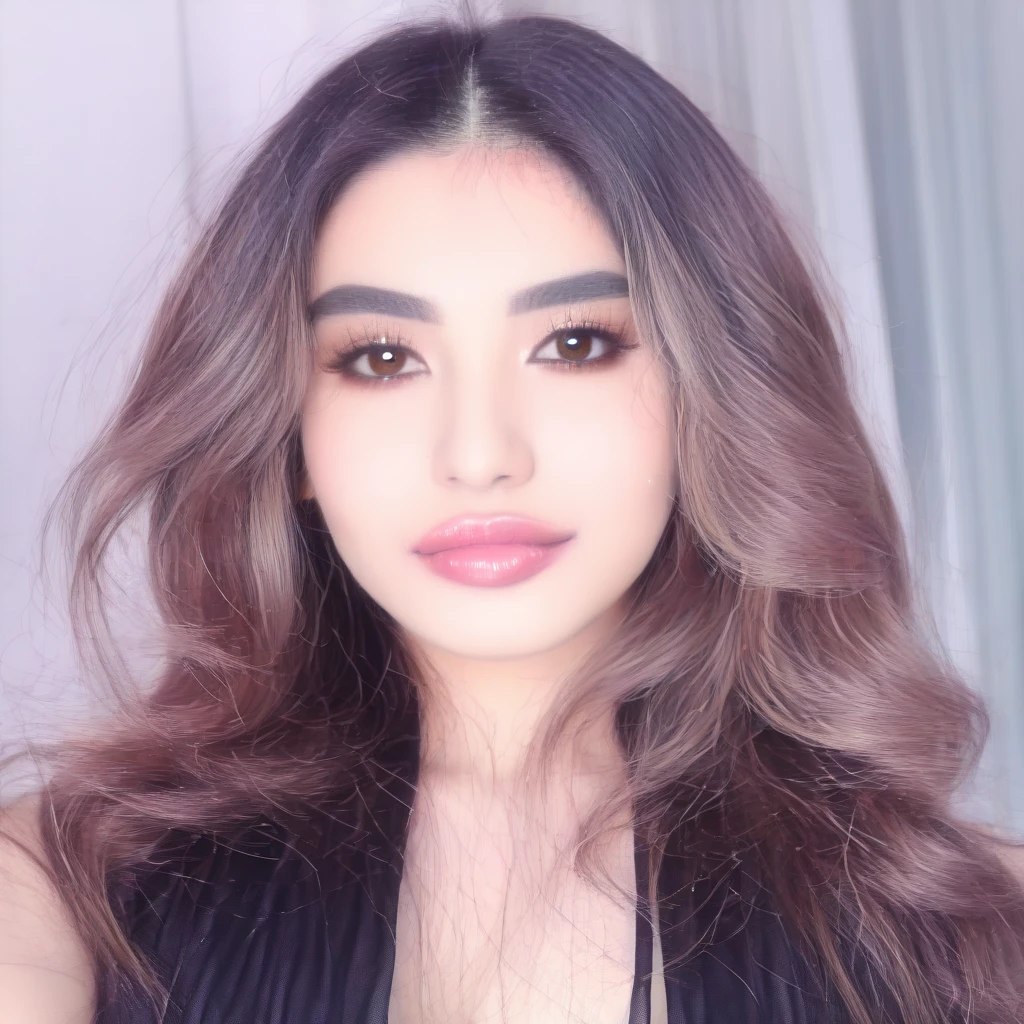 Girl 25 years old,Arabic appearance, slanted eyes, big lips, long hair, brown-haired,with make-up, model appearance