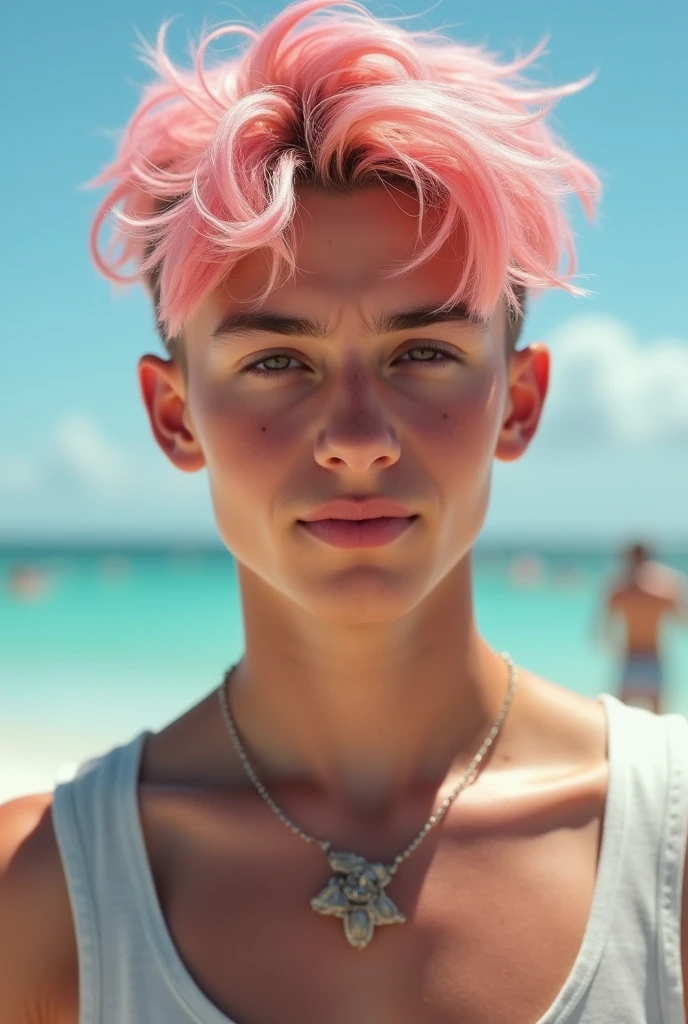1boy, short pink hair, pink eyes, standing at the beach, wearing white underwear, sea