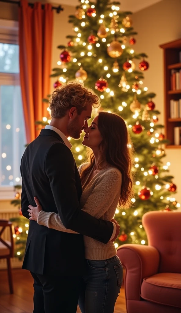 в Focusе внимания,their faces are very close,Beautiful young couple in love,We look at each other with love,beautiful girl and guy,in the background there is a New Year's mood with Christmas tree garlands,soft light, Focus,high detail,HIGH HYPER QUALITY 8K