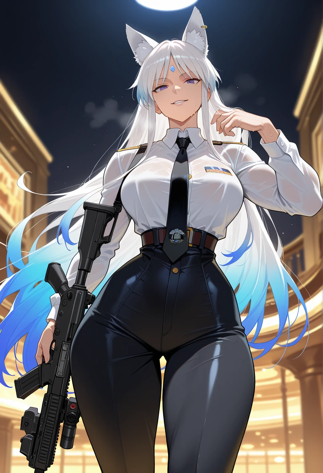 mib suit, light blue hair, large breasts, wide hips, sunglasses, suit jacket, white shirt, suit pants, black necktie, (black pants), (black jacket), neuralyzer, holding neuralyzer, flash, aiming at viewer, looking at viewer, looking at viewer, sunglasses, smile, cityscape, <lora:MIB Suit and Neuralyzer V4:0.6>