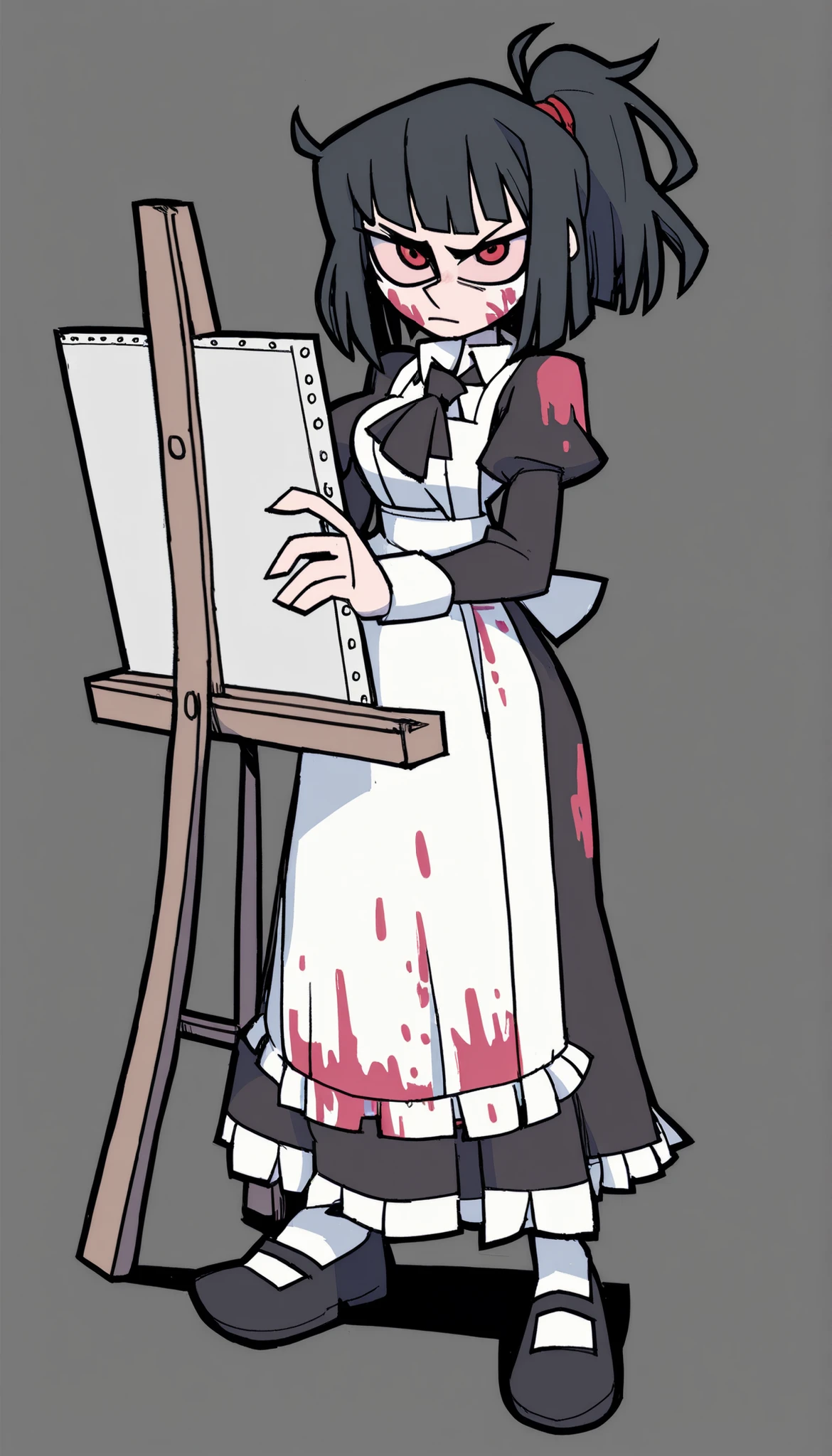 by vanripper, ryoshu (project moon), 1girl, solo, black hair, unkempt, wispy bangs, medium hair, messy hair, ponytail, sanpaku, red eyes, small breasts, mature woman, traditional maid, black dress, juliet sleeves, maid apron, frilled apron, black ascot, Mary janes, canvas (object), canvas on floor, paint on clothes, paint on face, standing, looking at viewer, serious, menacing, full body, grey background, simple background, masterpiece, best quality, amazing quality