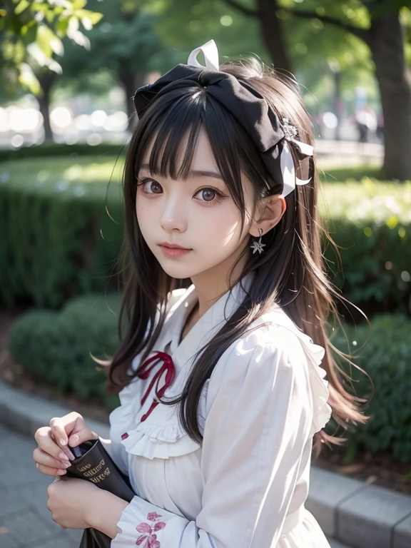 highest quality、masterpiece、dark brown hair、Brown eyes、white clothes、look up、Upper body、hair、Fair skin、side braids、cute face girl