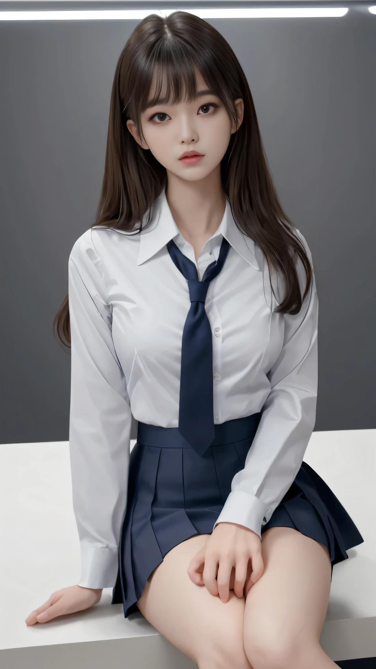 , Japanese pretty girl , high resolution, bangs, 해부학적으로 정확, best quality, accurate, very long hair, white shirt, plain skirt, Navy Blue Tie, navy blue tight mini skirt, H line skirt , Uniform, Office Lady, suitable for thin waists, big , big ass with long eyes, blush, white converse shoes, wide pelvis, high resolution, high definition model, high quality, smooth skin, ultra high definition, high detail, 해부학적으로 정확, masterpiece, best quality, View All , D cup , pretty eyes, pretty lips, School, playground, View Women's Full Body, is standing