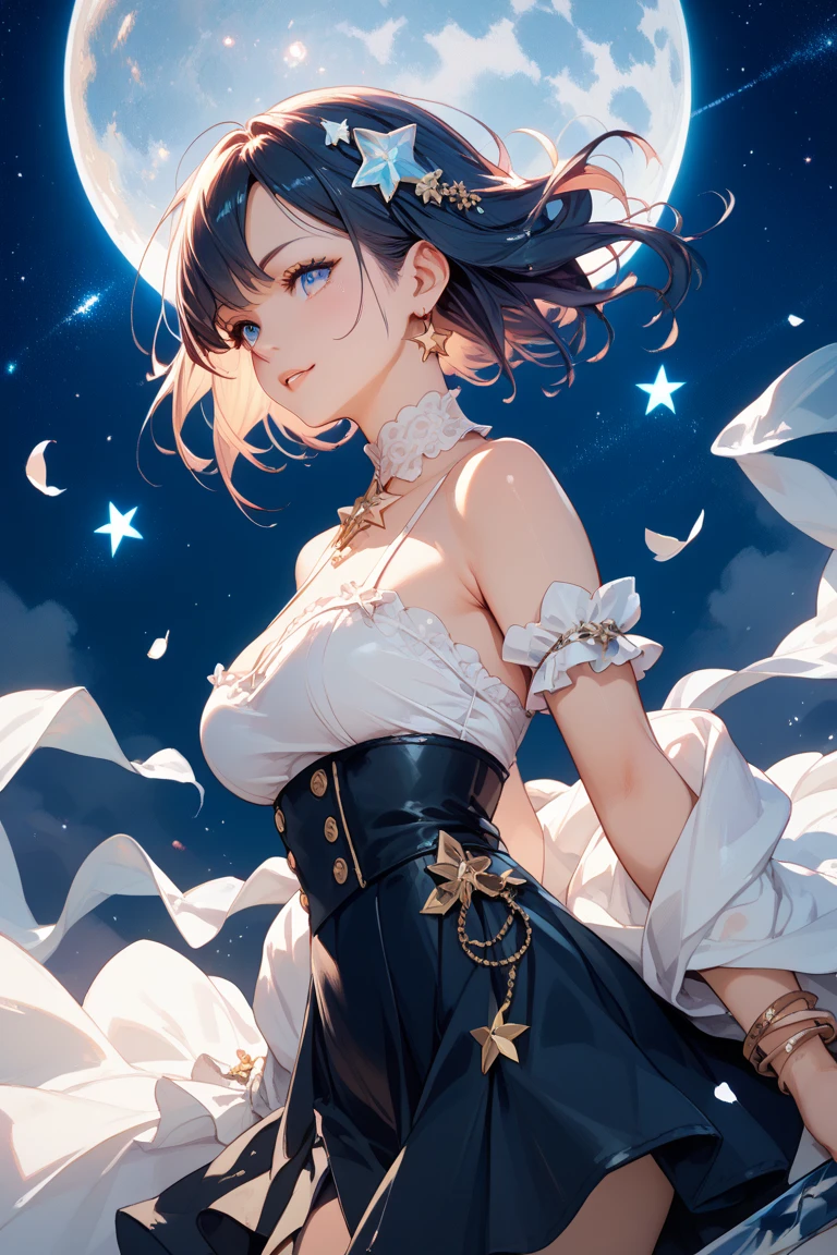 Best quality at best,tmasterpiece,Top-down view,1girll,10years old,Dance ballet,Ballet costumes,The upper part of the body,closeup cleavage,with short black hair,big breasts beautiful,looking at viewert,ssmile,white stockings,particle fx,Off-the-shoulder attire,perspire,scowling,ballet dance,Black background