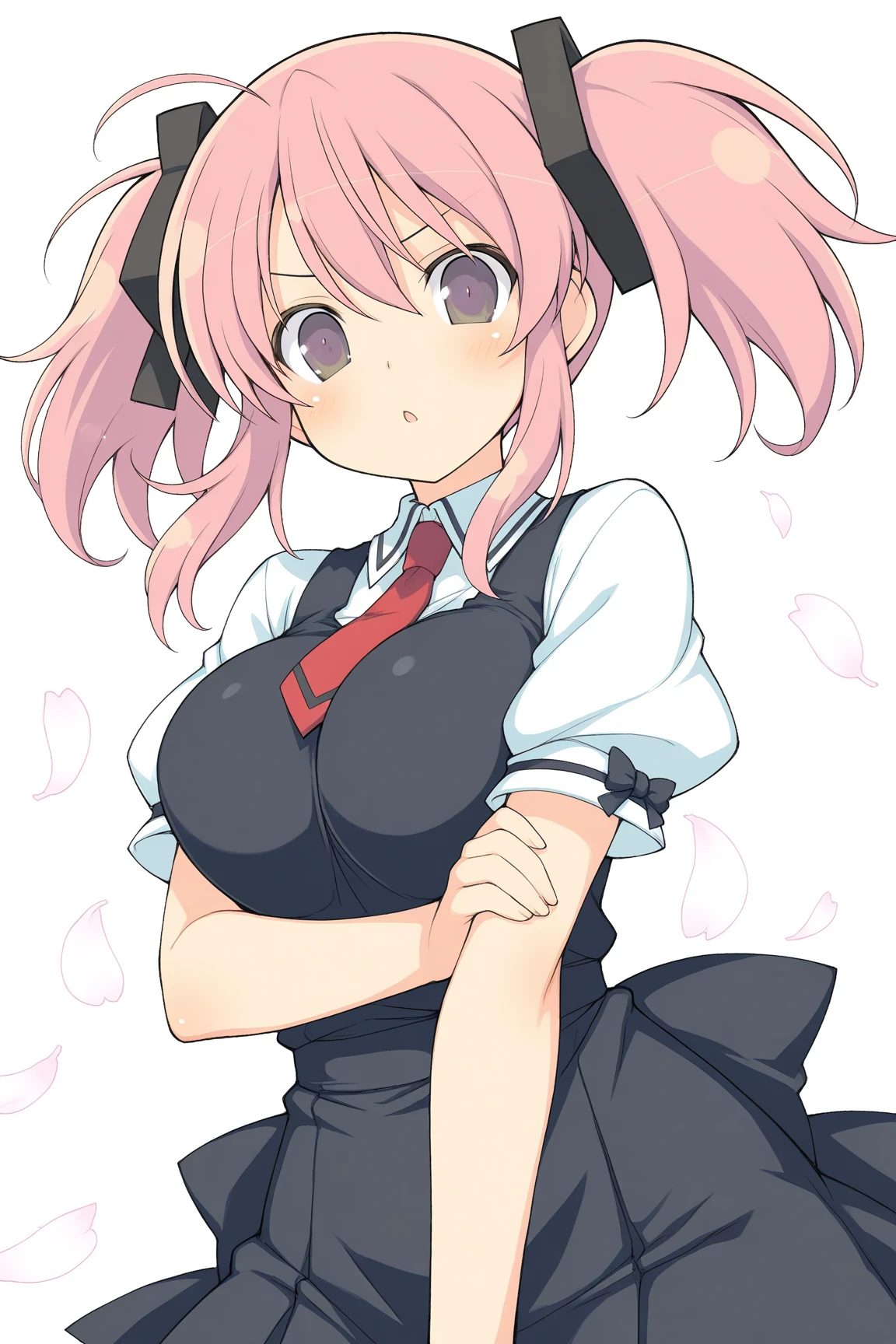 ((masutepiece, Best Quality, hight resolution, nffsw, Perfect Pixel, depth of fields, 4K, )), 1girl in, Solo, , Beautiful anime girl, Beautiful Art Style, close up, Looking at Viewer, Perfect body, Yuigahama Yui, Short hair, pink hair, hairbun, (large boob), flight attendant outfit, smiling, winking, one eye open, hand on hip, saluting, blank white background, cowboy shot