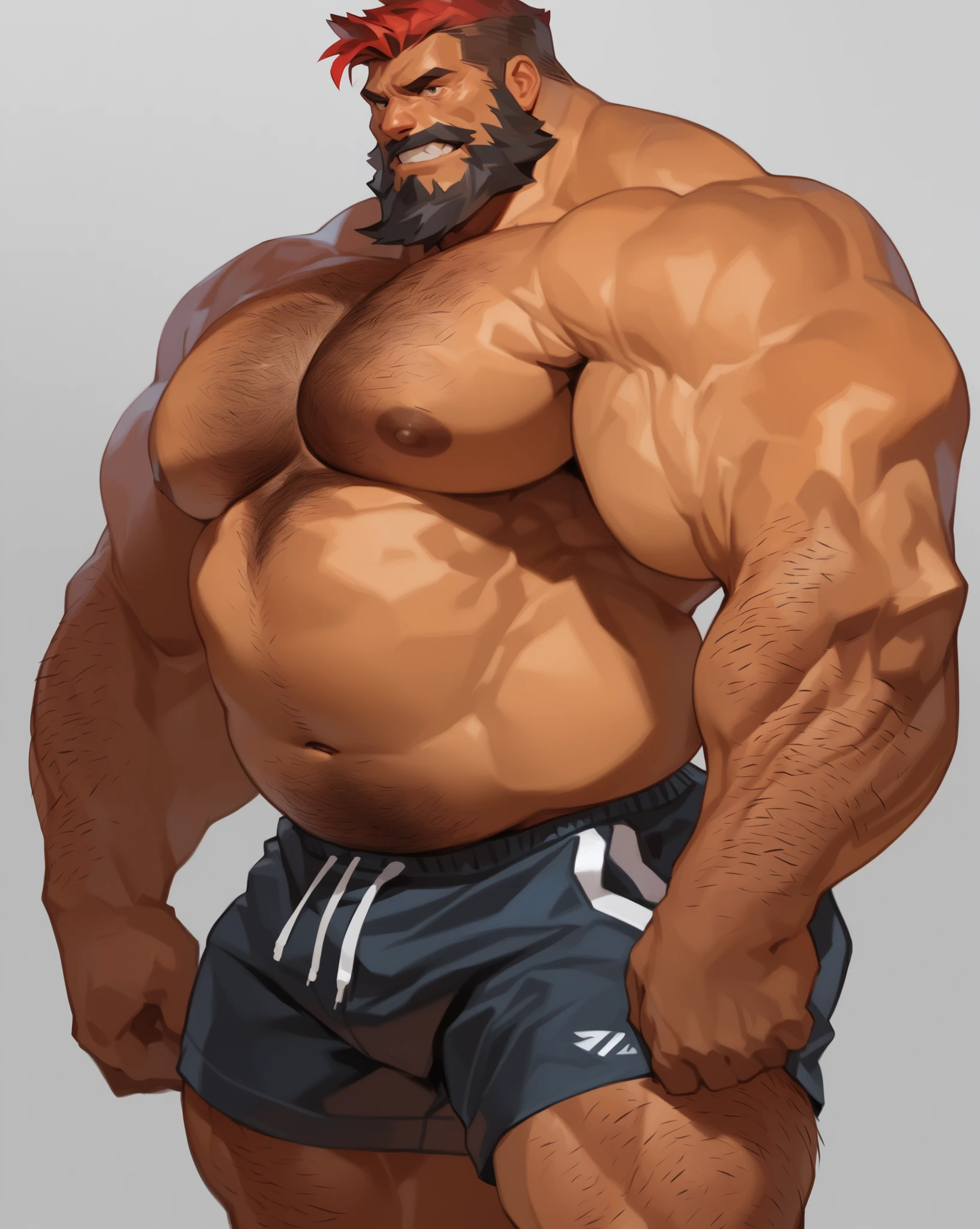 Draw a handsome and dashing Asian muscular man,Height 220 cm,Weight 180 kg,Covered with a sloppy beard,The pectoral muscles are very strong and very large,The muscles of the body are very clear and beautiful,Naked wearing only sexy panties,A little shy but showing off his figure,The testicles are also very large,And the brow is deeply locked,The eyes look affectionately ahead