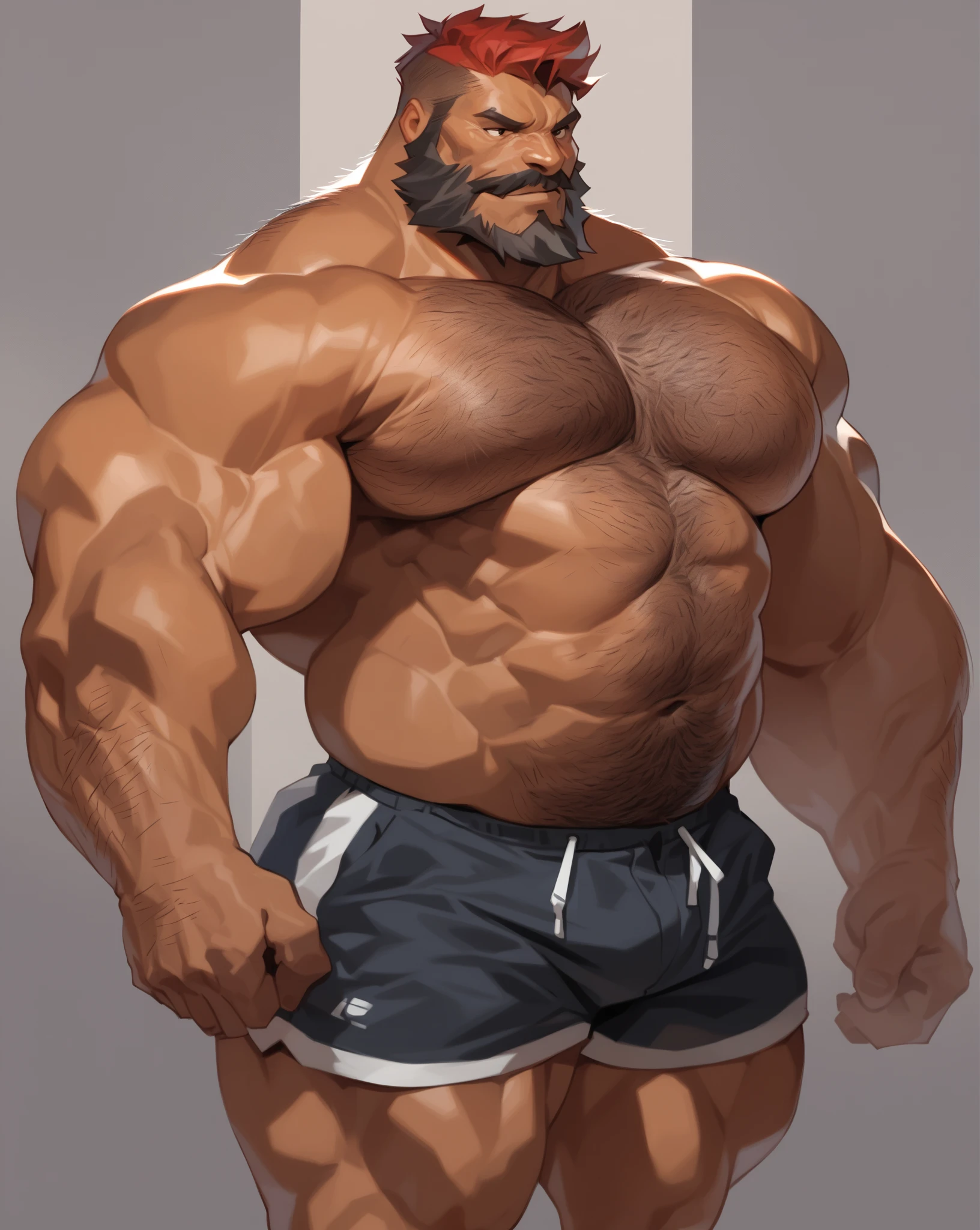 solo, 1boy, perfect anatomy, perfect proportion. Huge Muscular Old man wearing ,(white shorts and white shirts:1.2), view from side, pectoral, thick arms, huge pectoral, short hair, red beard and hair, simple background, masterpiece, semirealistic:1.2, high detailed, 8k, high resolution, perfect center, full view.