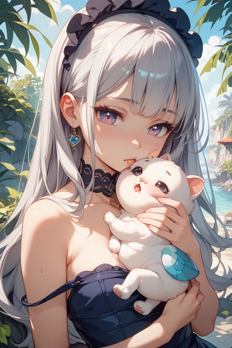 ((best quality)), ((masterpiece)), (detailed), 1 woman, married woman, Fleshy body, big bust,big ass,swimsuit,smiley face, Silver hair,short hair,closed eyes