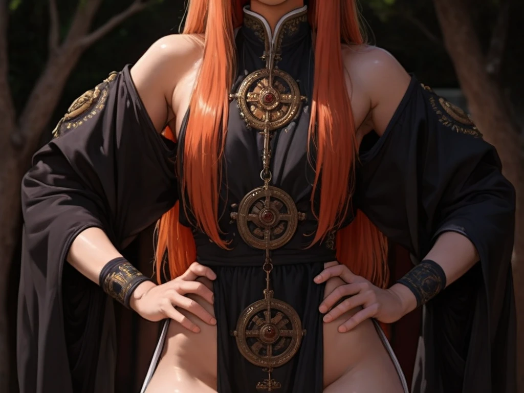 (masterpiece), highest quality, Super detailed, figure, Warm lighting, Bright colors, One girl, alone, Very long hair, Grey Hair, Orange Hair, Orange inner hair, Red eyes, Inner hair color, Two-tone hair, Ahoge, Ridiculously long hair, orange Inner hair color, Multicolored Hair, Hello, , , Bodysuits, Flowing hair, Wind, Close one eye, staff, dress, armor, headgear, floating,, ,  