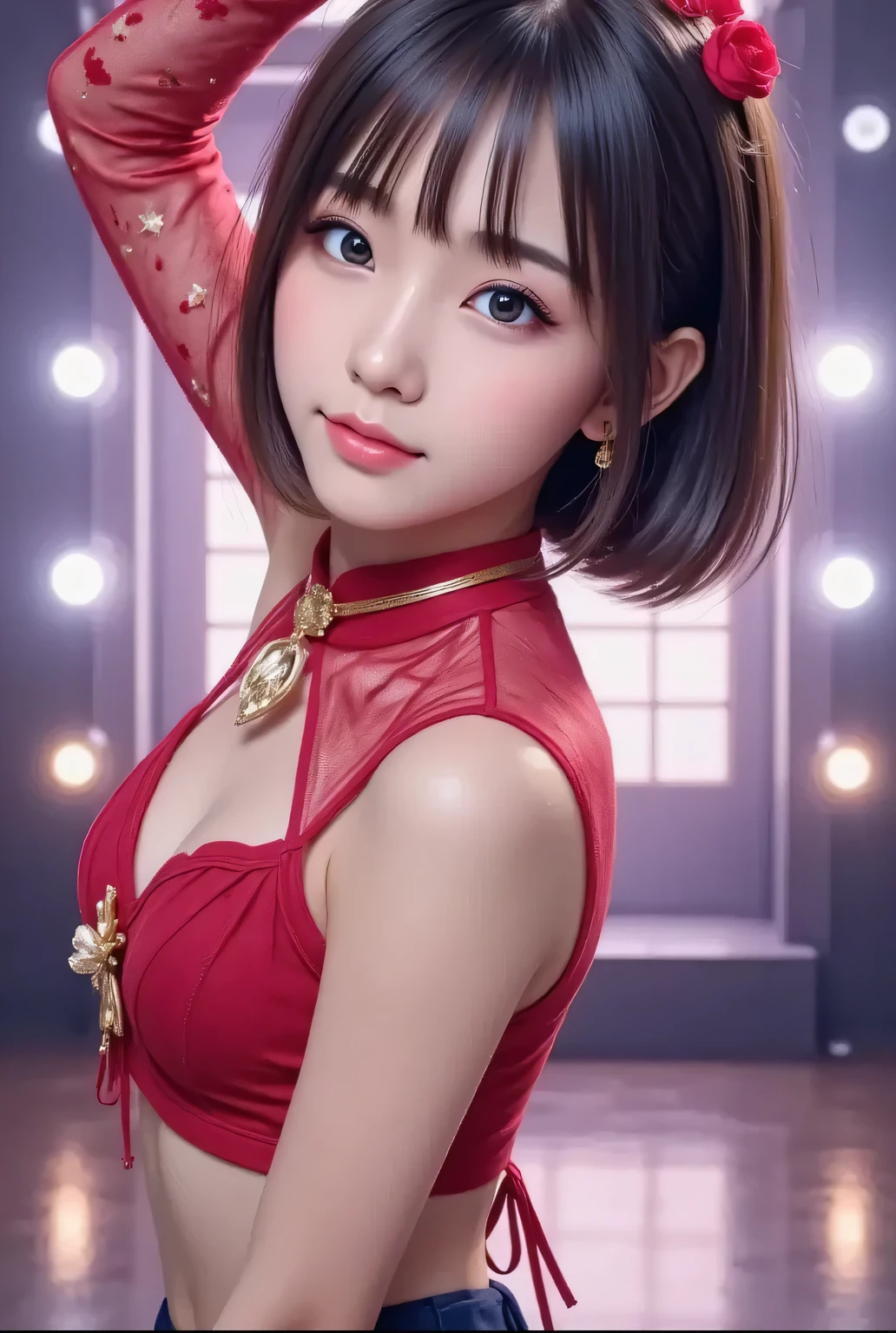 Japanese idol performing on illuminated stage, 18yo,wearing red idol costume. Her vibrant idol costume features of red, adorned with floral and star patterns, and ribbon details. She has medium-long black hair and a fair complexion. Dynamic pose mid-dance, large breasts,radiant genuine smile, hold the microphone. Professional concert photography with spotlight beams creating ethereal glow. Crystal clear bokeh effect from audience lights. Shot with Sony A7III, concert lighting, f/2.8.
