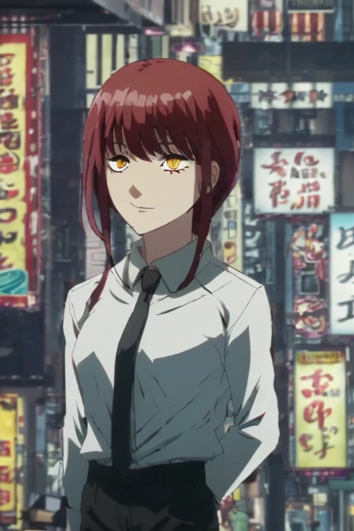 chainsaw man screenshots, character from Chainsaw Man , 19 year old girl, cherry red hair, Waist-length hair, wavy, blue eyes, expression would be, chainsaw man uniform, long black pants, black blue coat over the uniform, full body.