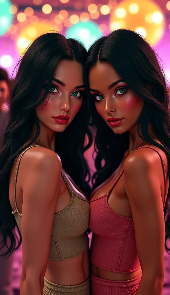 model with long wavy black hair, With her friend, long pink braided ponytail, full body view, sexy outfit
