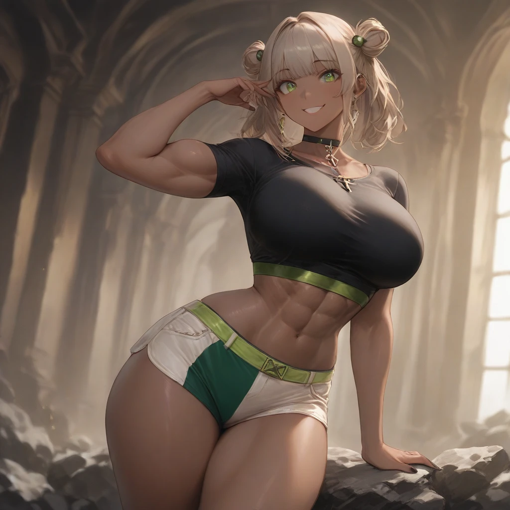 nsfw, masterpiece, best quality, ultra detailed, illustration, 1 girl, brown skin, grey hair, pixie cut, curly hair, large breast, brown eyes, beautiful detailed eyes, delicate beautiful face, black bra, vulgarity, outdoors, forest, sweat, outstretched arms, close up