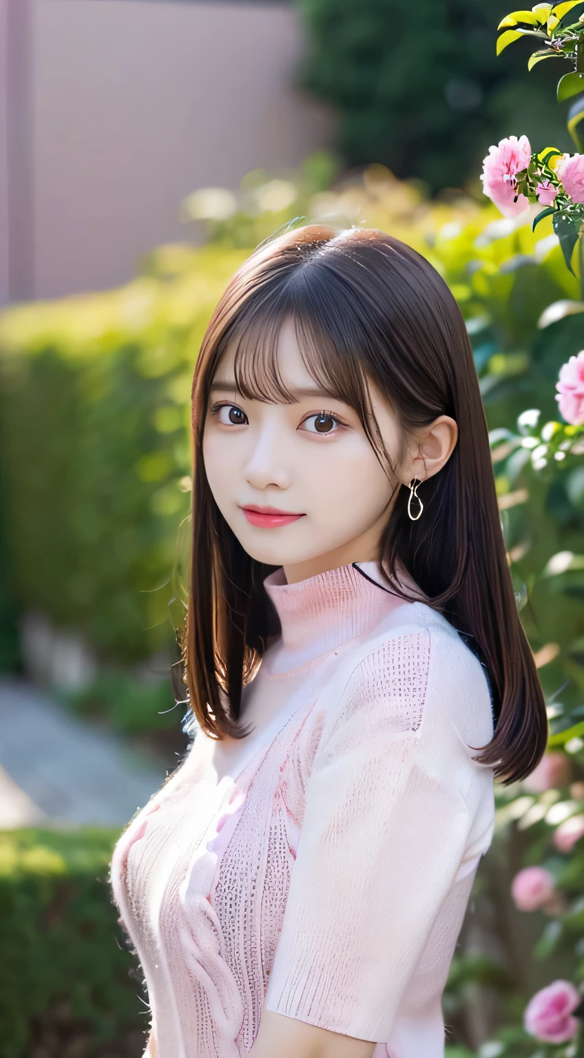 (beautiful girl、cute face、stare at viewers:1.3)、Best Quality,8K image、 Patchy double eyelids、happy、natural makeup、 Moist Strip、white skin、( straight hair 、 MEDIUM HAIR、 straight hair , Strongly blurred background、garden :1.3),(pink knit、 tight knit 、Short sleeve:1.4),Well-Shaped Breasts、earrings、necklace、