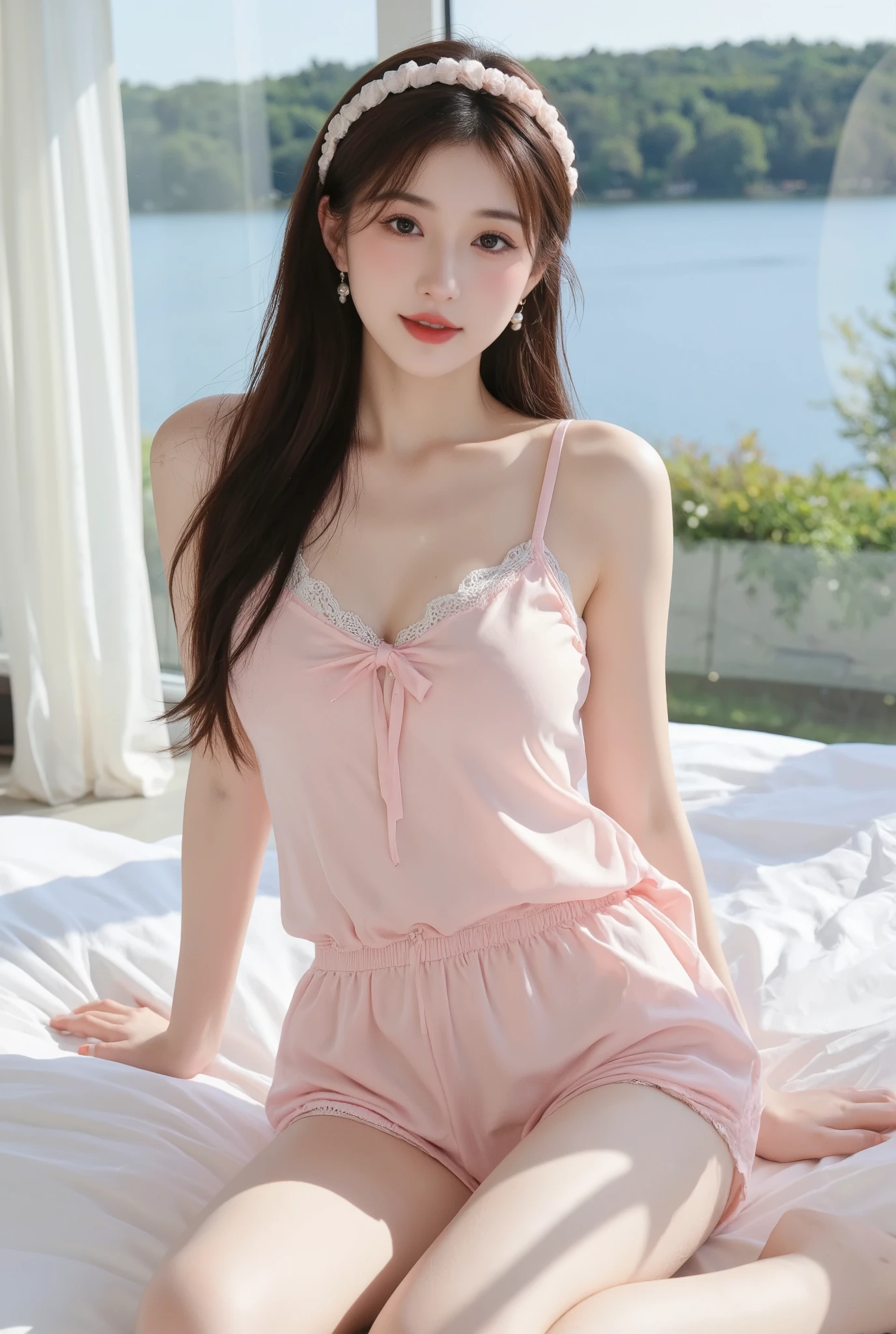 1 woman, good, chest, split, closed eyes, Lips, long hair, dehisce, picture_\(middle\), pink_good, pink_shorts, realistic, sleeping,  , alone, Stuffed animals, plush doll, Teddy Bear, underwear,(masterpiece),(picturerealistic: 1.3), nfsw, very detailed, (detailed skin: 1.2), (best quality: 1.0), (ultra high resolution: 1.0 ), (wetting her panties), peeing her panties in bed, pissing in her bed, wet spot in panties, dark spot in panties, pee puddle in sheets, lying under a pee puddle
