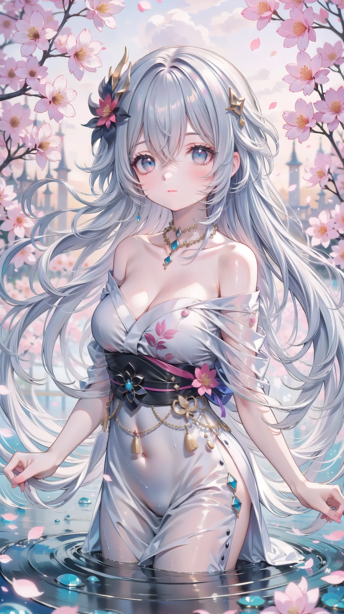 long white hair, young female, ornate white kimono, anime art style, watercolor, cherry blossoms background, highly detailed, blue eyes, dark skin, colorful, princess, nsfw