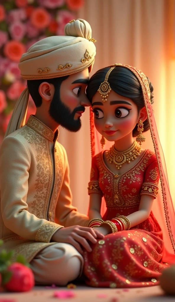 Disney pixar poster, indian wedding couple, 3D animations，Pixar， (best quality)(8k), 6ft tall groom,  short bride, flower garlands on each of them. flower decorations in background