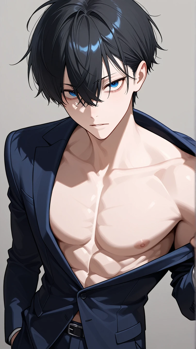 cute anime guy with black jacket, abs