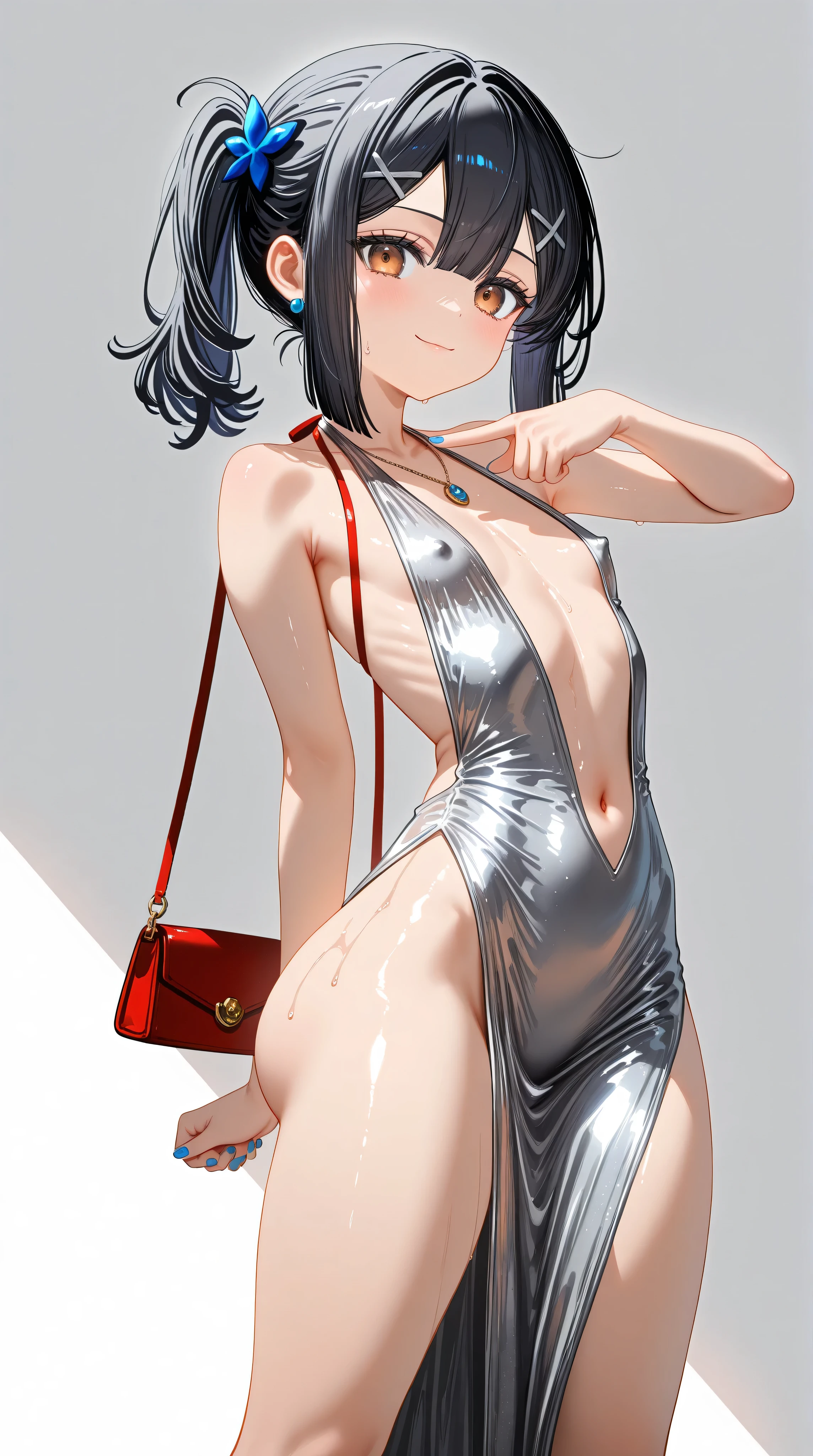 8 year old girl, Solitary, Front view, Cowboy shooting, Double tail, Black Hair, bangs bangs, Brown pupils, Long eyelashes, beautiful eyes, (flat chest), lips, Meat Leg, permanent, hair clipss, swimsuit, Long shirt,Knee socks, Lando Seru Backpack,(many, Impressionism, painting)、Disheveled、Clothing that fits snugly,Chest contour、(((Wet clothing))(((Ultra-thin clothing))),((Flesh outline)),Grinning
