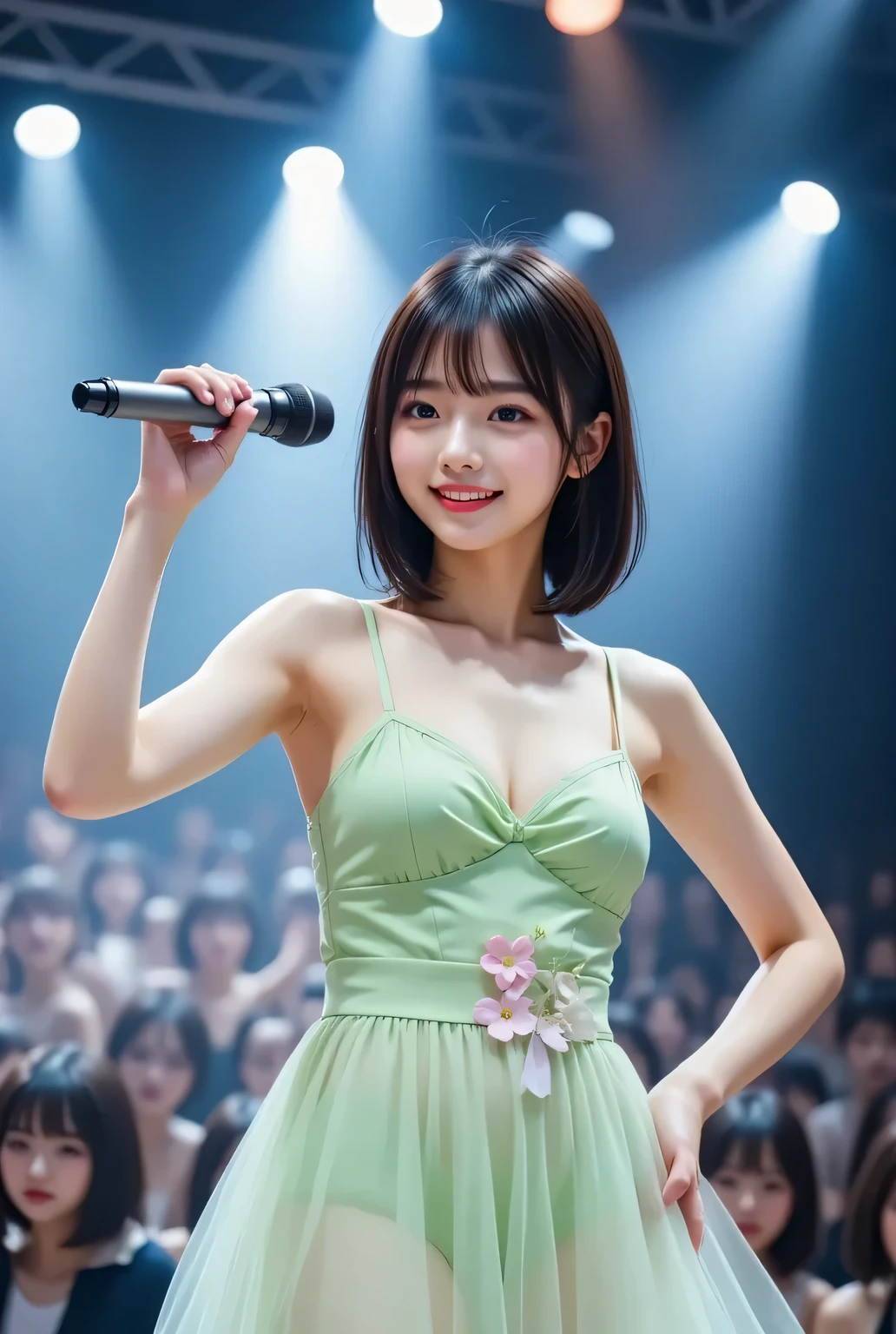 Japanese idol performing on illuminated stage, 18yo,wearing light green idol costume. Her vibrant idol costume features of light green, adorned with floral and star patterns, and ribbon details. She has medium-long black hair and a fair complexion. Dynamic pose mid-dance, large breasts, radiant genuine smile, hold the microphone. Professional concert photography with spotlight beams creating ethereal glow. Crystal clear bokeh effect from audience lights. Shot with Sony A7III, concert lighting, f/2.8.