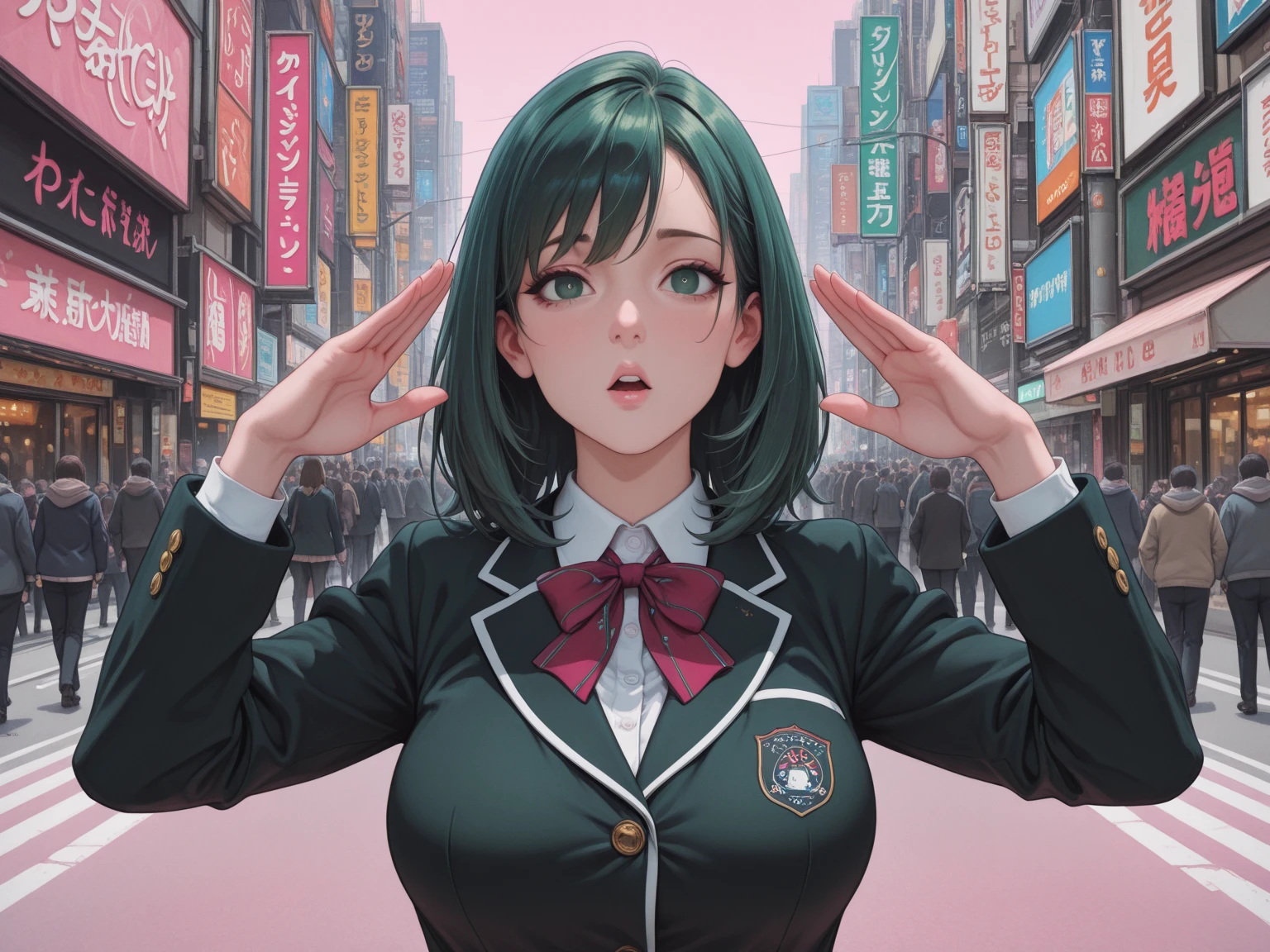 (masterpiece), best quality, expressive eyes, perfect face, 1girl, solo, (wearing winter school uniform), cute pose, slender, in harajuku, shibuya, tokyo, street, crowd, cityscape, (pink medium hair, dark green eyes), , sexy,arrogance, rudeness, raised head, disdainful expression