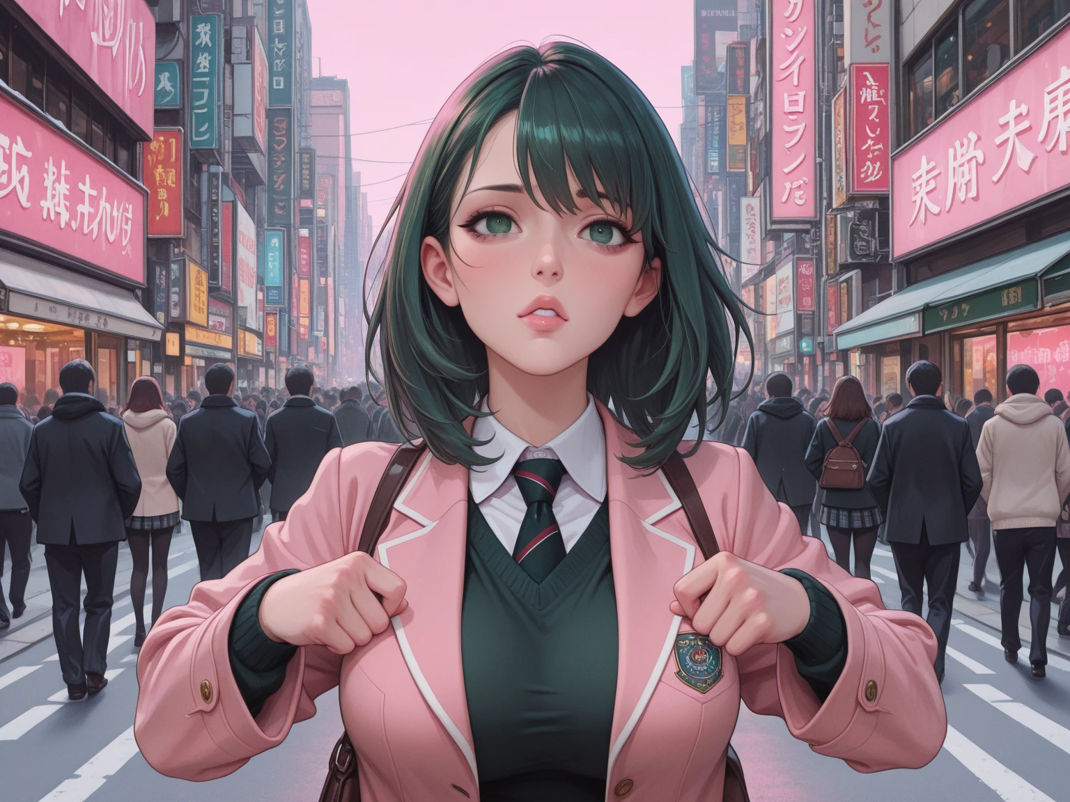 (masterpiece), best quality, expressive eyes, perfect face, 1girl, solo, (wearing winter school uniform), cute pose, slender, in harajuku, shibuya, tokyo, street, crowd, cityscape, (pink medium hair, dark green eyes), , sexy,arrogance, rudeness, raised head, disdainful expression