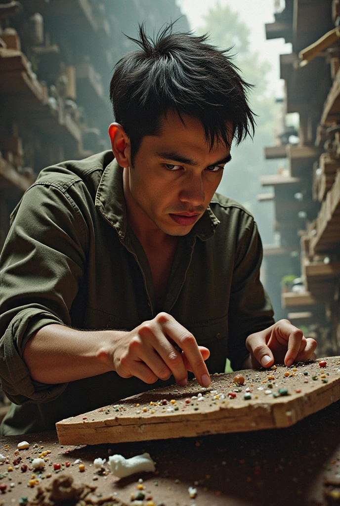A man, adorned with intricate jade bead necklaces and bracelets, was meticulously cutting jade blocks in a dimly lit room. The natural light seeped in through the cracks of the old wooden windows, casting warm, honeyed hues on the man's weathered face and the rich, verdant jade blocks. His hands, calloused from years of working with the stone cutter, moved with the precision and grace of a trained artisan. The room was filled with the soothing sounds of the jade blocks being carved, creating a calming atmosphere that was both meditative and therapeutic. The beads on his necklaces and bracelets danced